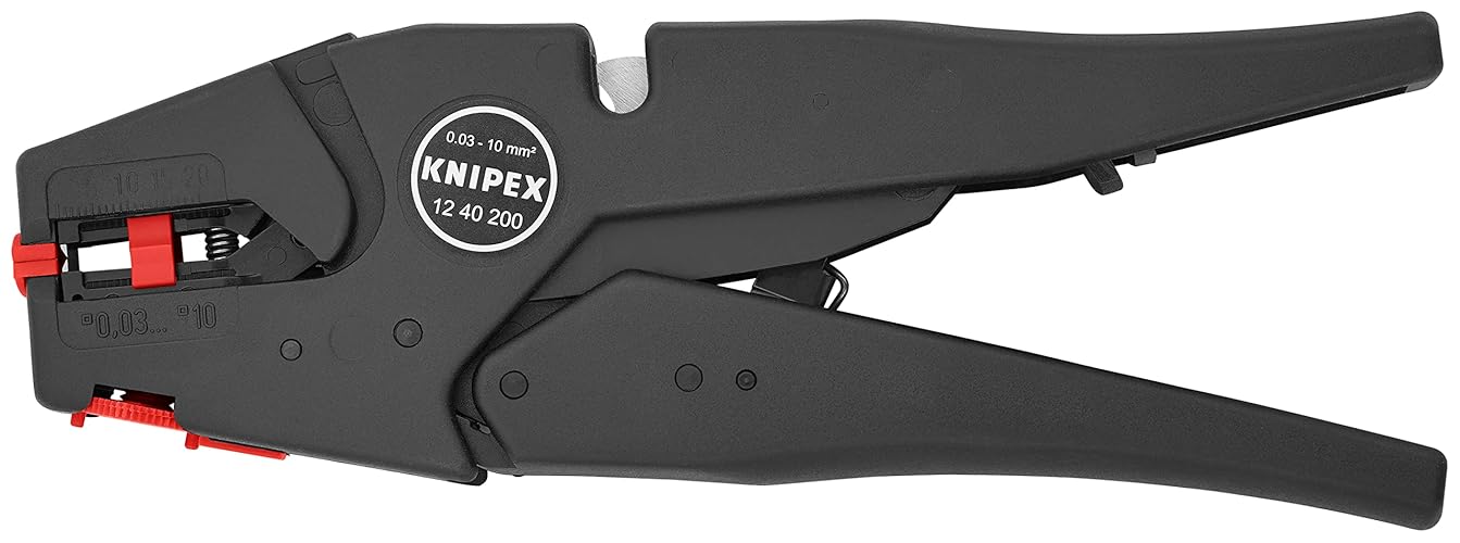 KNIPEX - Self-Adj. Wire Stripper, 8-32 AWG (12 40 200),Black with Orange dials and adjustors