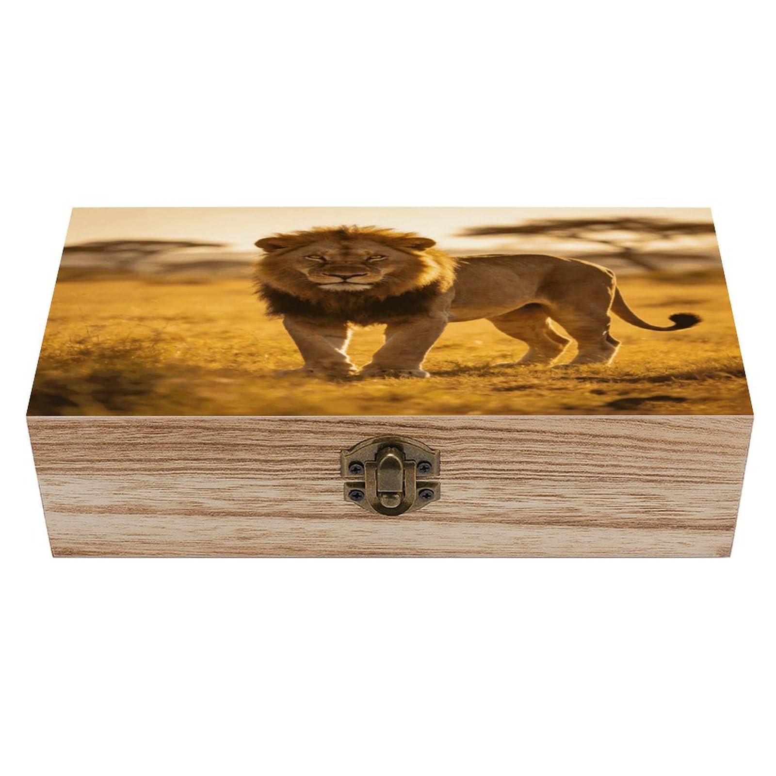 LZQPOEAS Wild Lion of The Wilderness Wooden Keepsake Box Wooden Storage Box Container with Hinged Lid Beautiful Wood Memory Box Decorative Jewelry Case for Crafts Art Hobbies & Trinket Storage
