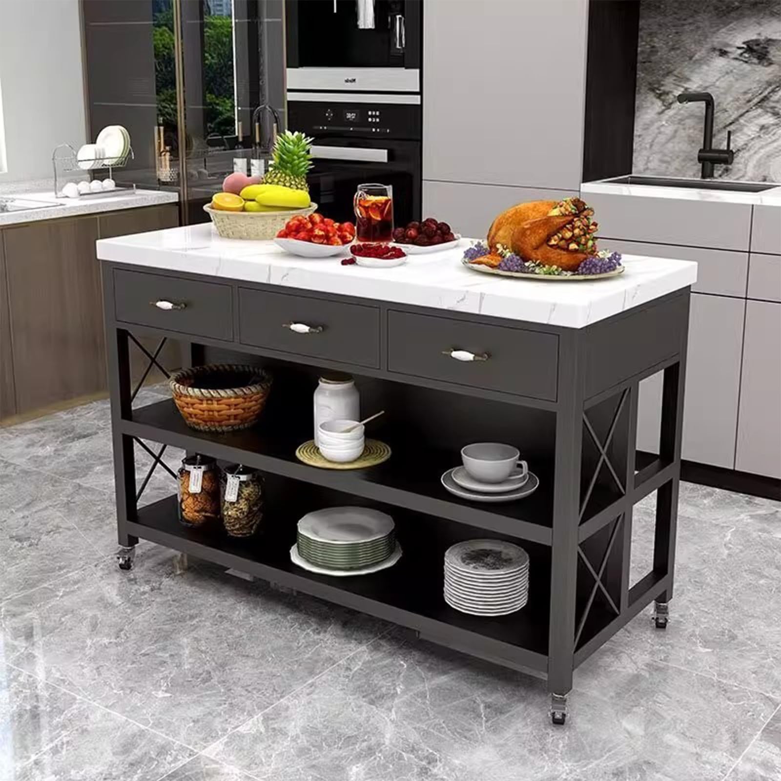 Zf9tBw5sH Unità cucina ad isola Carrello for isola da cucina con rotelle, cassetti e ripiani portaoggetti struttura in metallo piano in marmo