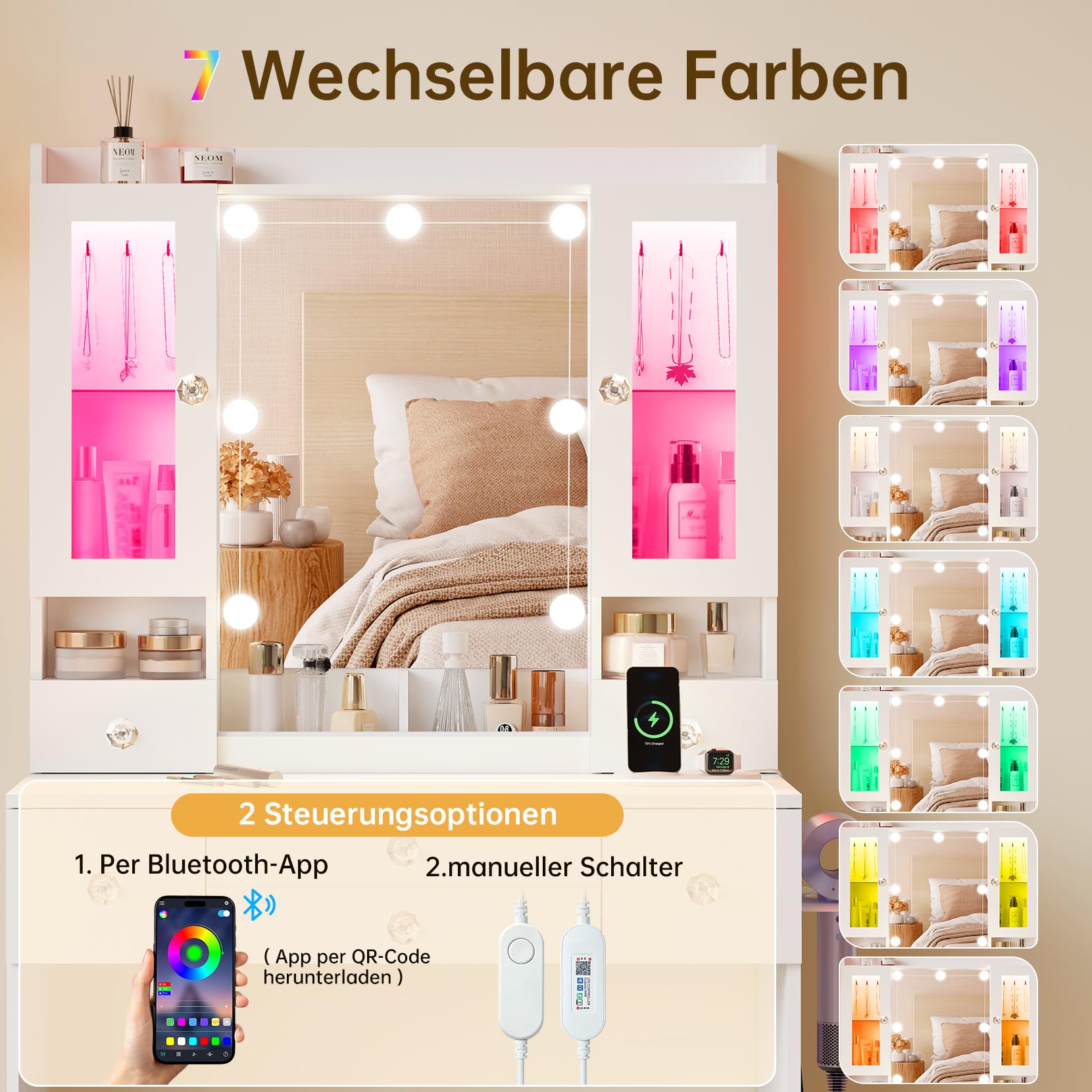 Dripex Schminktisch mit Spiegel und Beleuchtung | Steckdose und Föhnhalter, Luxuriöse transparente Vitrine mit RGB, Hollywood Spiegel, Vanity Desk