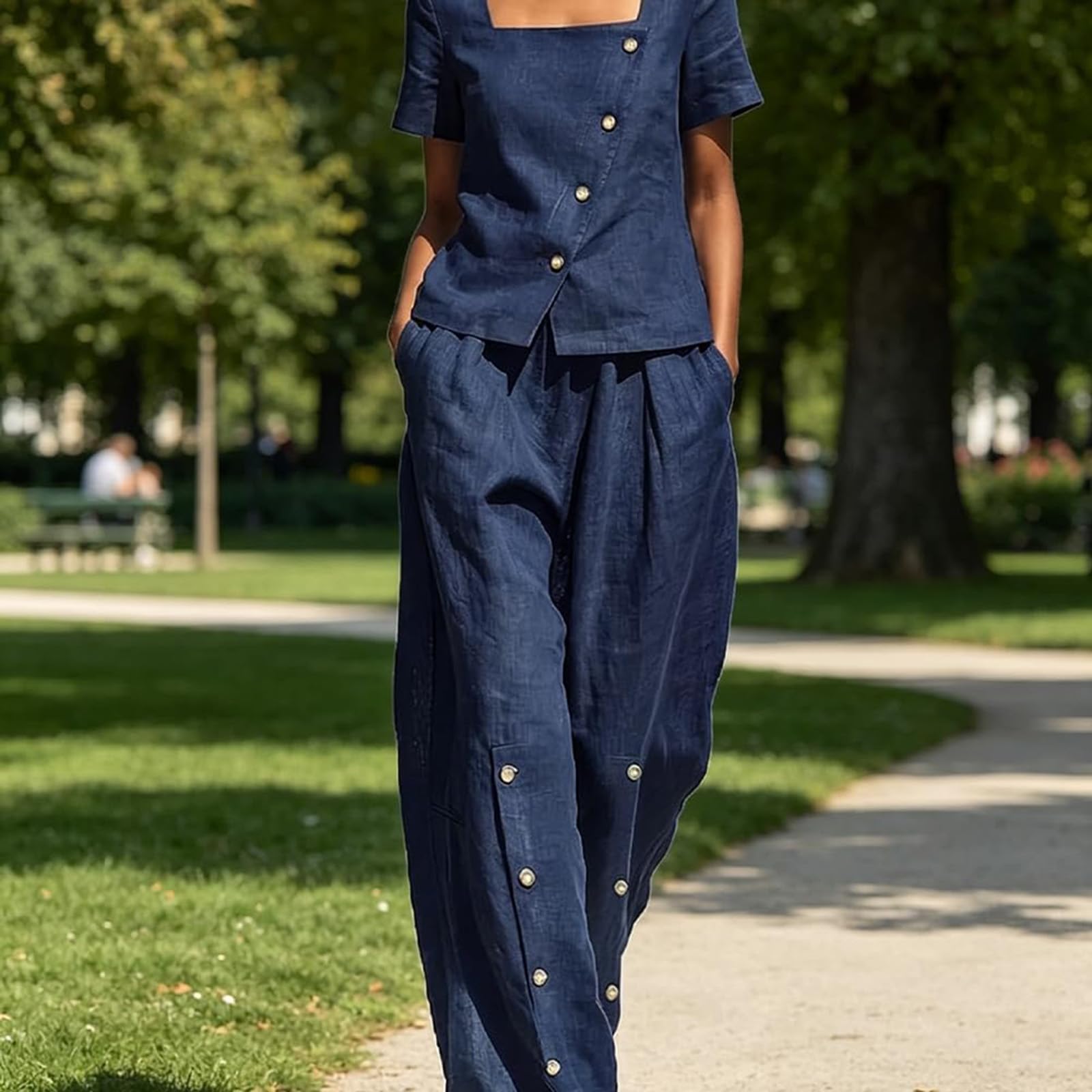 hausanzug damen Lässiges und modisches Damen Set aus kurzem Ärmel, weitem Bein, eckigem Ausschnitt, schräger Vorderseite, seitlicher Knopfleiste und eckiger Hose mit eckigem hosenanzug (Navy, S)