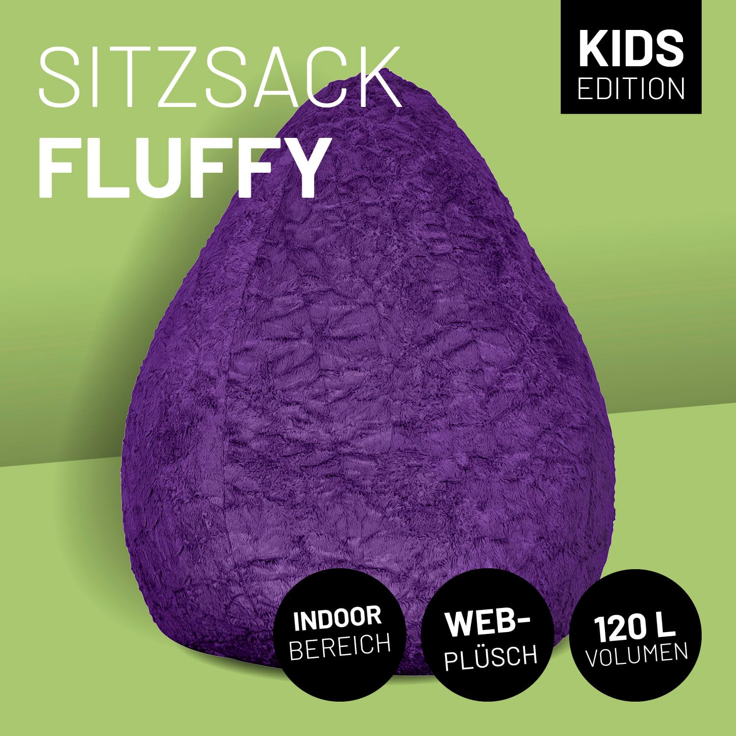 Lumaland Fluffy Sitzsack | Kinderzimmer Sitzkissen 60 x 45 cm | Waschbarer Bezug aus Webplüsch | Flauschiger & weicher Kinder Bodenkissen | Passend für Mädchen & Jungen | 120L Volumen [Dunkel Lila]