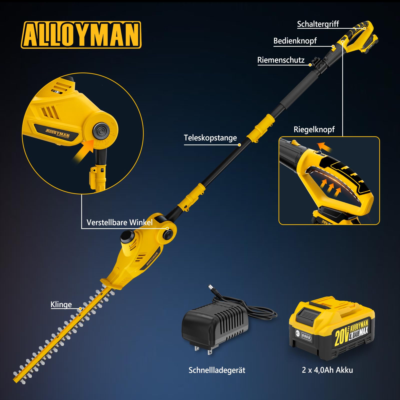 Alloyman Akku Teleskop Heckenschere 20V MAX, mit 2 × 4,0 Ah Akkus und Ladegerät, 40 cm Doppelmesser, 2,4 m Teleskopstange für Hecken und Sträucher
