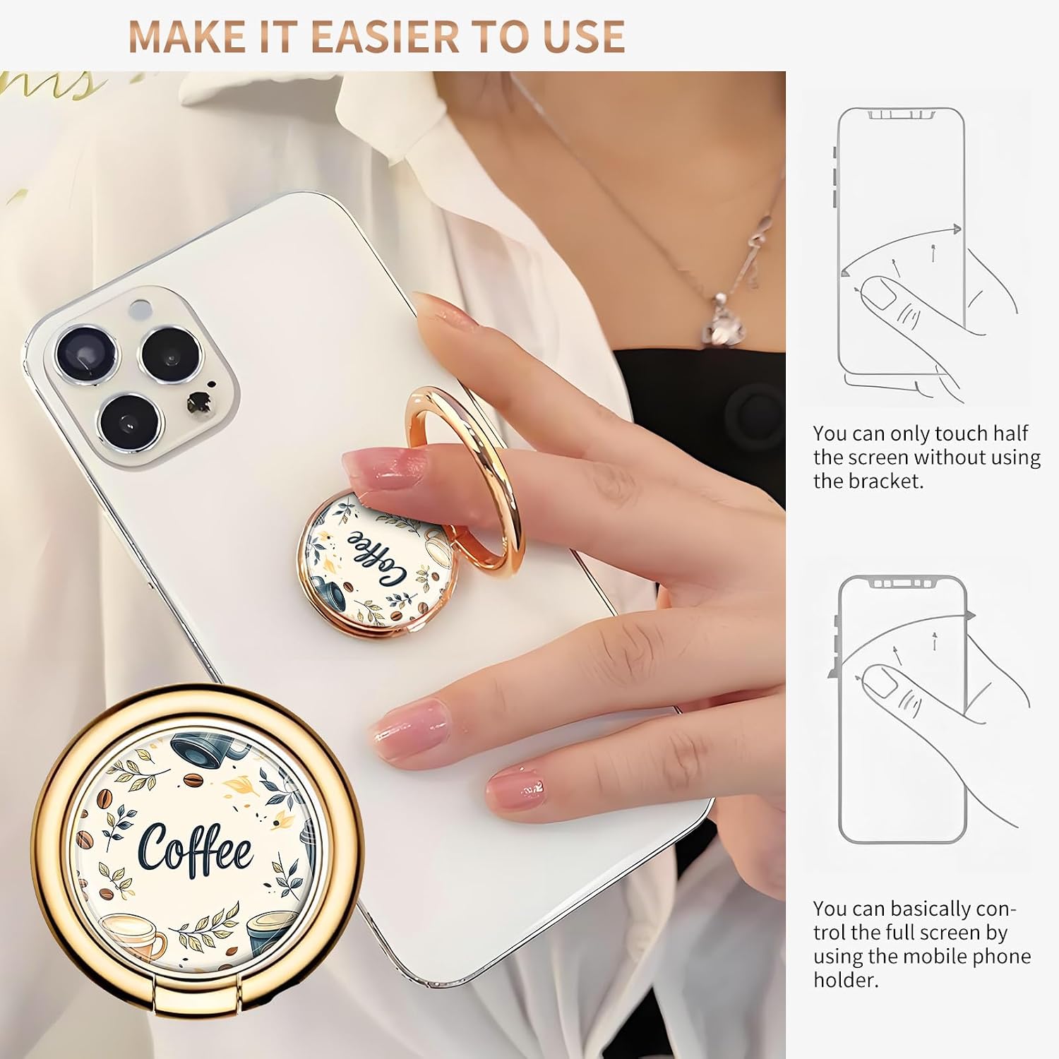 Cell Phone Ring Holder, Cute Metal Phone Grip Stand Finger Ring Kickstand, Flexible 360°Rotation Phone Tablet Case Accessories Compatible with Most Phones Cute Coffee Cup