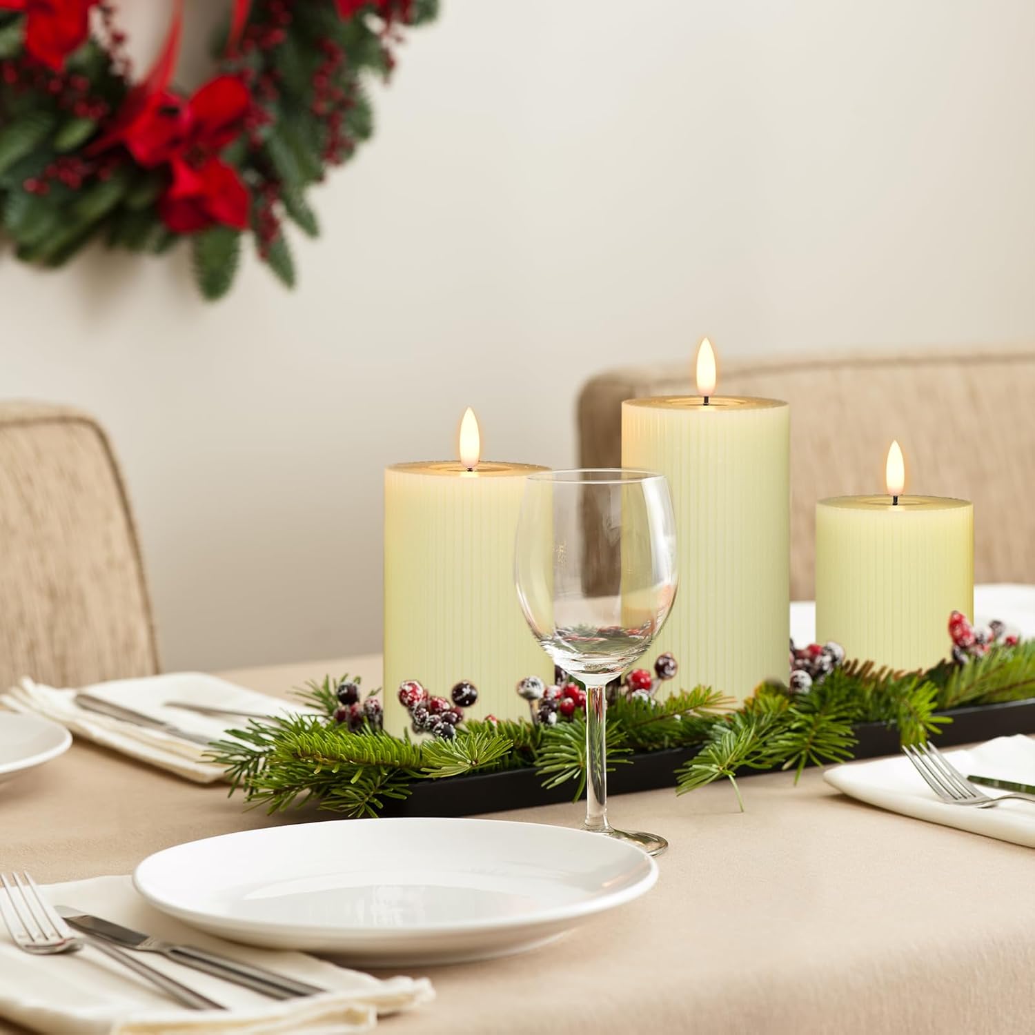 Wondise Flameless Candles with 6H Timer, Battery Operated LED Candles Flickering 3D Wick Warm Lights Real Wax Ivory Pillar Candles for Christmas Decor Dinner Indoor Holiday (3"×5"/6"/7")