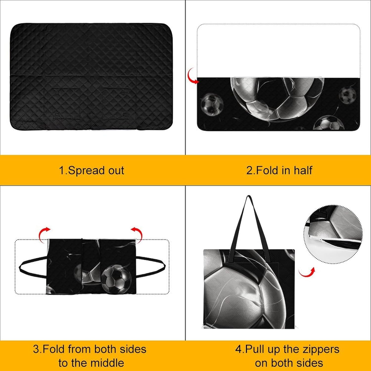 Soccer Black Picnic Blanket 150x100cm, Foldable 2-in-1 Picnic Mat and Tote Bag Portable Waterproof Beach Mat Sandproof Outdoor Blanket for Park, Hiking, Beach, Camping, Travel