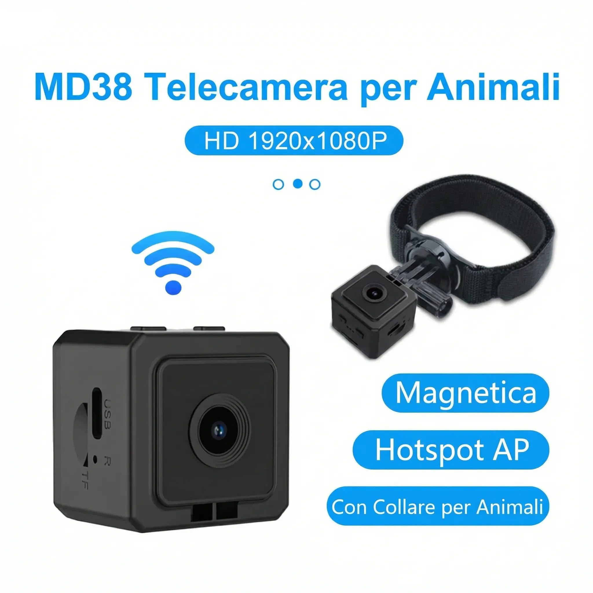 Telecamera per Cani e Gatti WiFi con Visione in Tempo Reale – Videocamera Portatile Full HD 1080P con Grandangolo 120°, Batteria 700mAh, Supporto Micro SD, Connessione Hotspot AP – Monitora il Tuo Pet