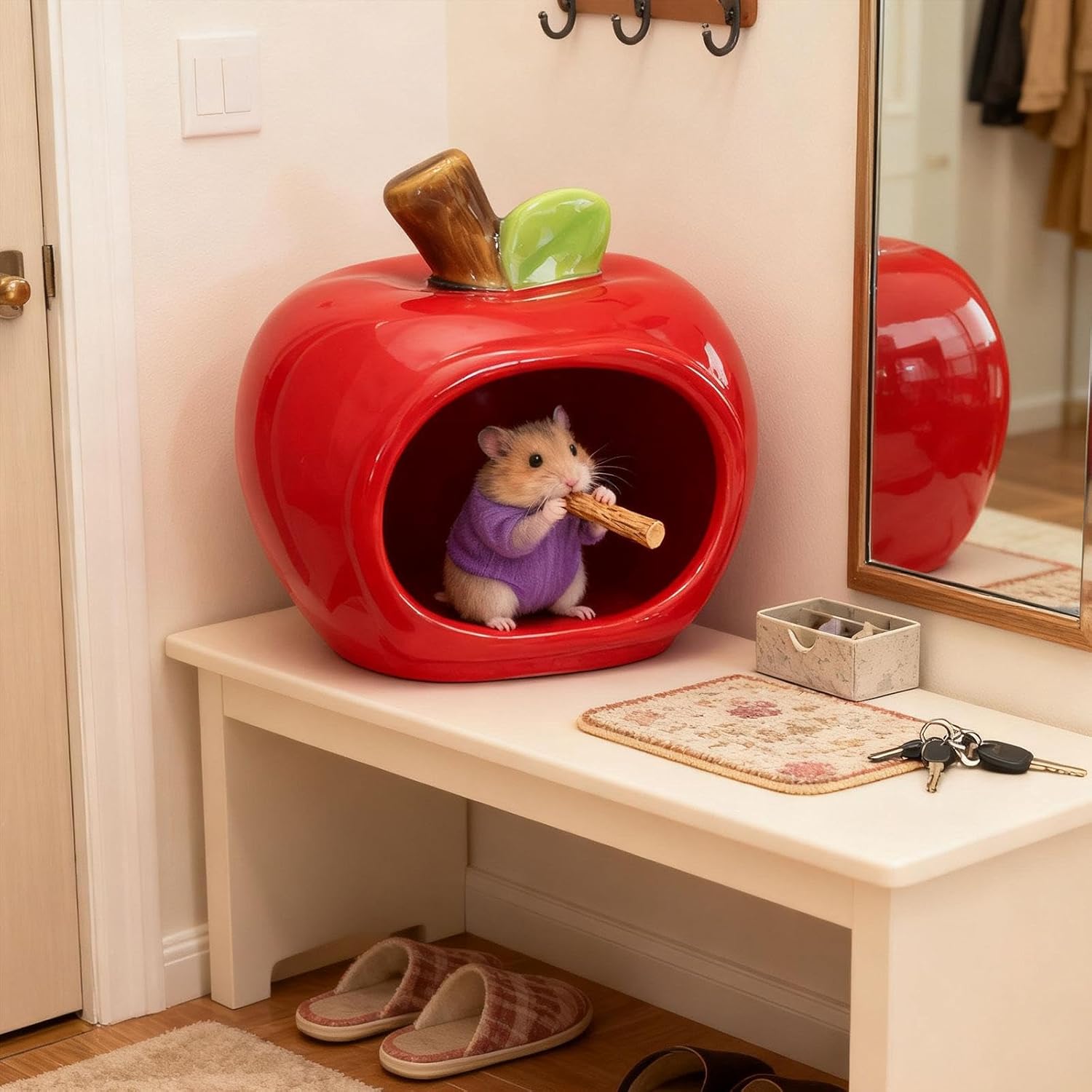 Ceramic Hamster Bowl and Hideout Cave, Creative Outdoor Hamster Nest for Small Pets, Small Animal Habitat Décor- Red