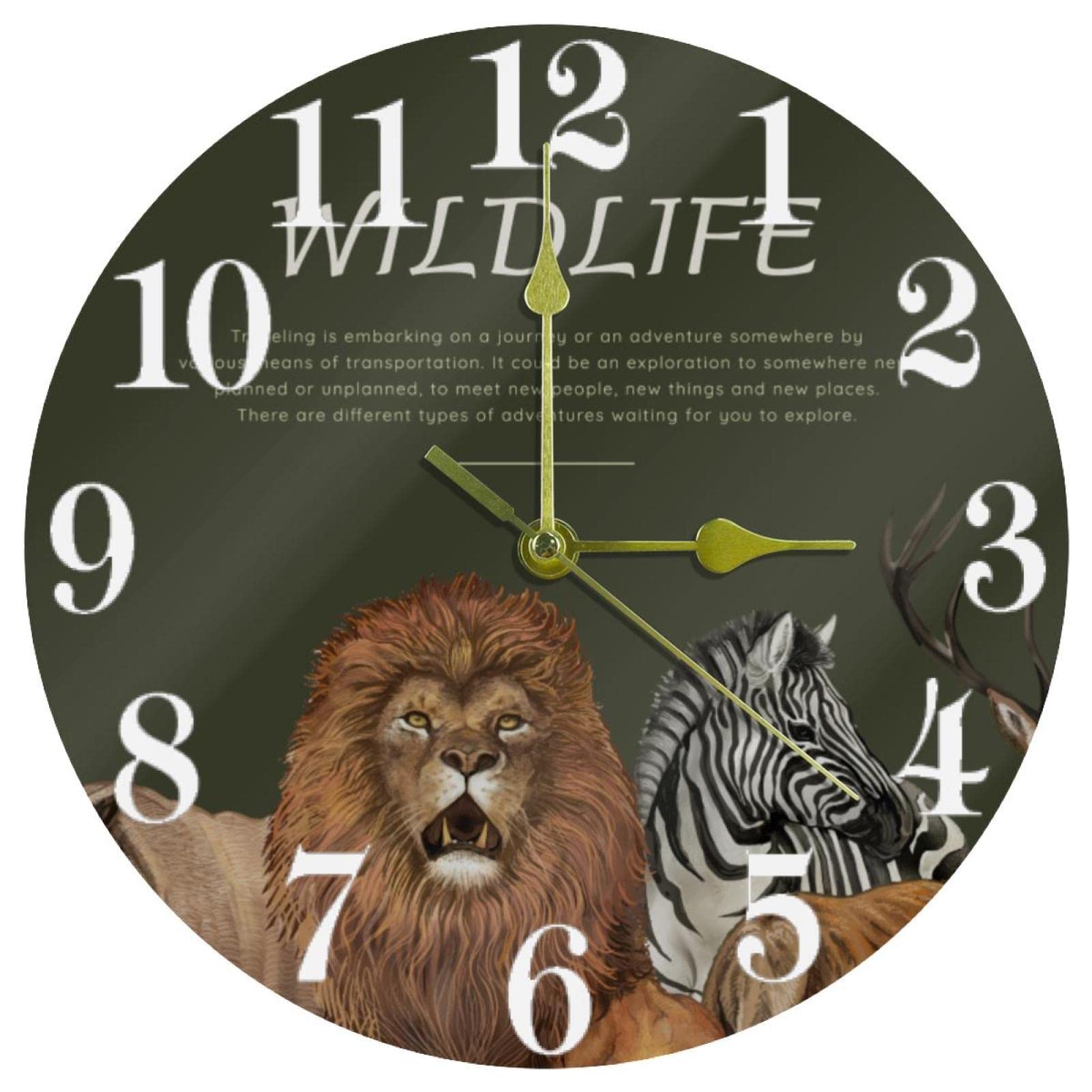 Horloge murale animaux sauvages ronde et silencieuse à quartz pour bureau