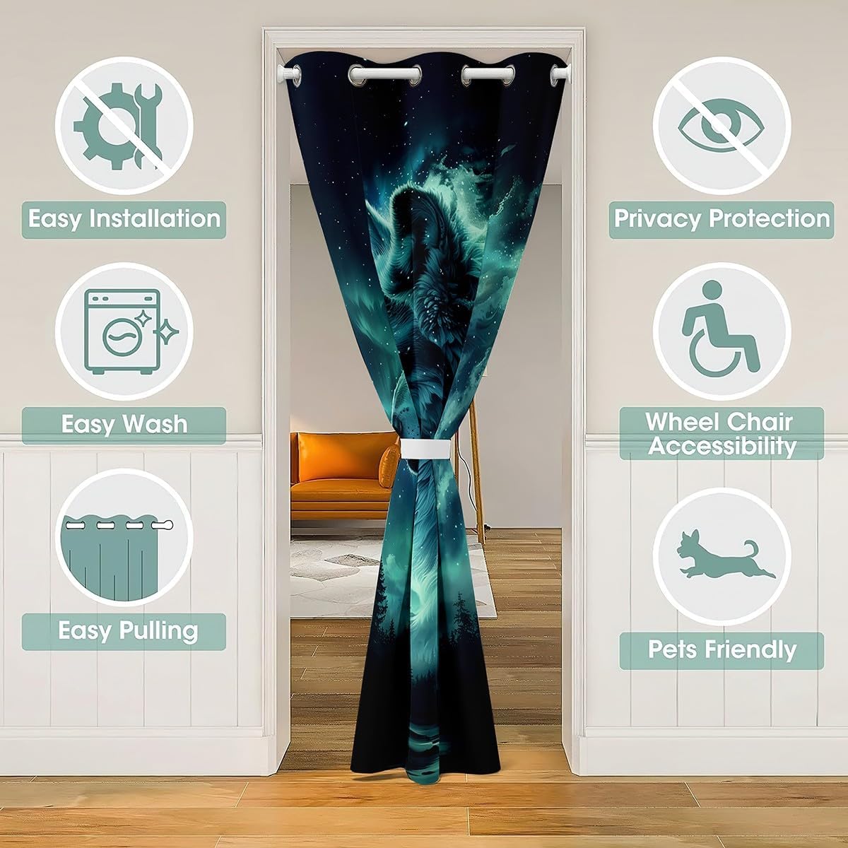 Erosebridal Wolf Galaxy Door Curtain Privacy 42" W X 80" L Woodland Wild Animal Blackout Curtain Starry Sky Door Drape Botanical Trees Wildlife Room Divider Curtain Nature Theme Closet Curtain