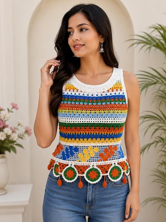 Multicolour Crochet Crop Top with Floral Tassel Hem