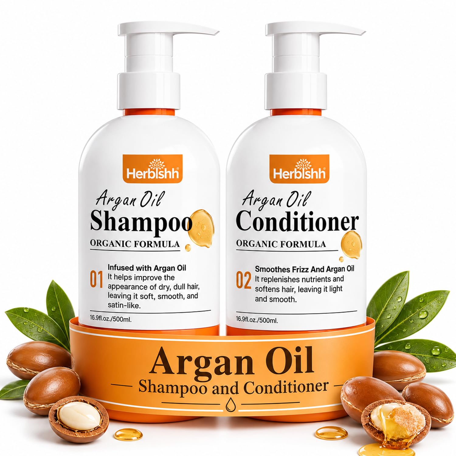 Herbishh Argan Oil Shampoo & Conditioner Set for Dry Hair, 16.9 fl oz Each