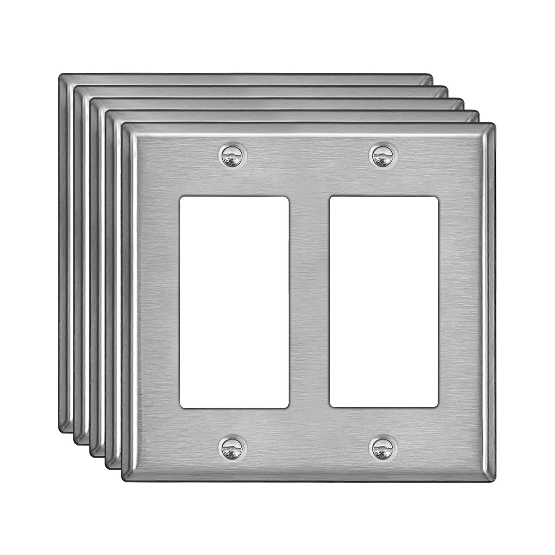 Photo 1 of [5 Pack] BESTTEN 2 Gang Decor Metal Wall Plate with Plastic Film, Decorator Stainless Steel Outlet Cover, Durable Corrosion Resistant Industrial Grade Material, H4.53” x W4.57”, Brushed Finish, Silver