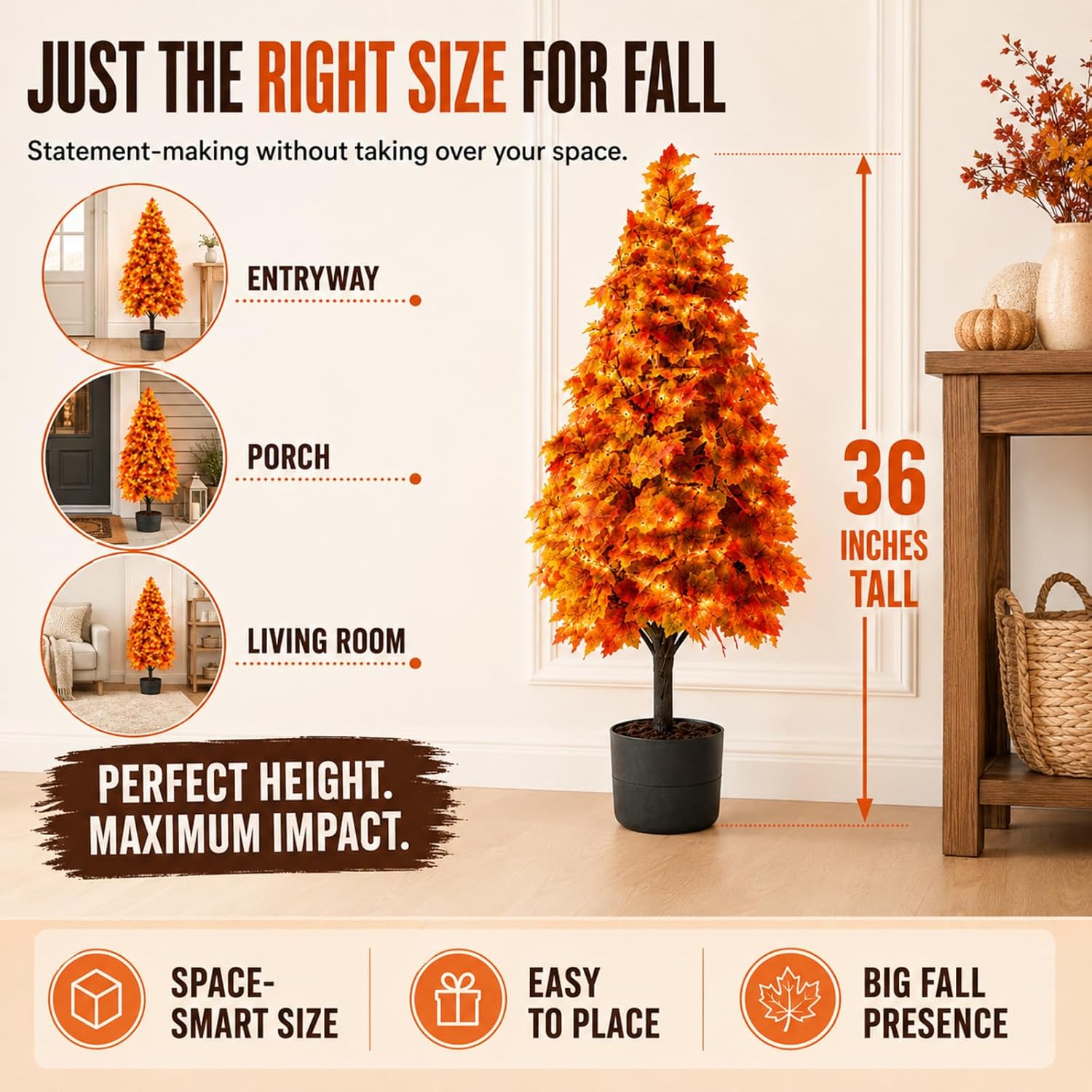 Fall Tree Lights Lighted Maple - 2 Pack 36 Inch Pre-Lit Artificial Topiary Trees with Warm White Lights, Pots and Ground Stakes for Indoor Outdoor Porch Entryway Autumn Decor