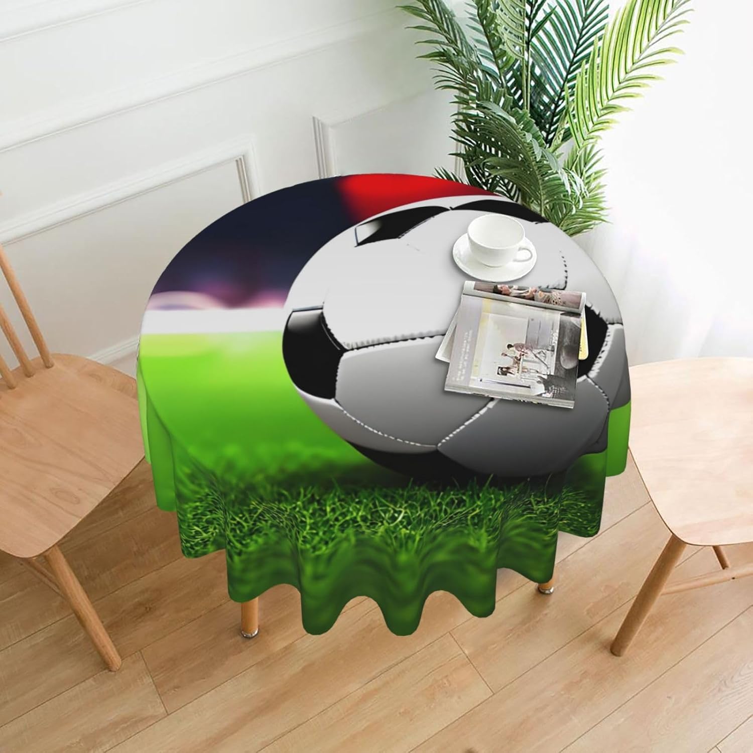 Soccer Sports Ball Print Wrinkle Free Dining Table Cover for Birthday Party Farmhouse Tablecloths Up to 60 x 60 Inches