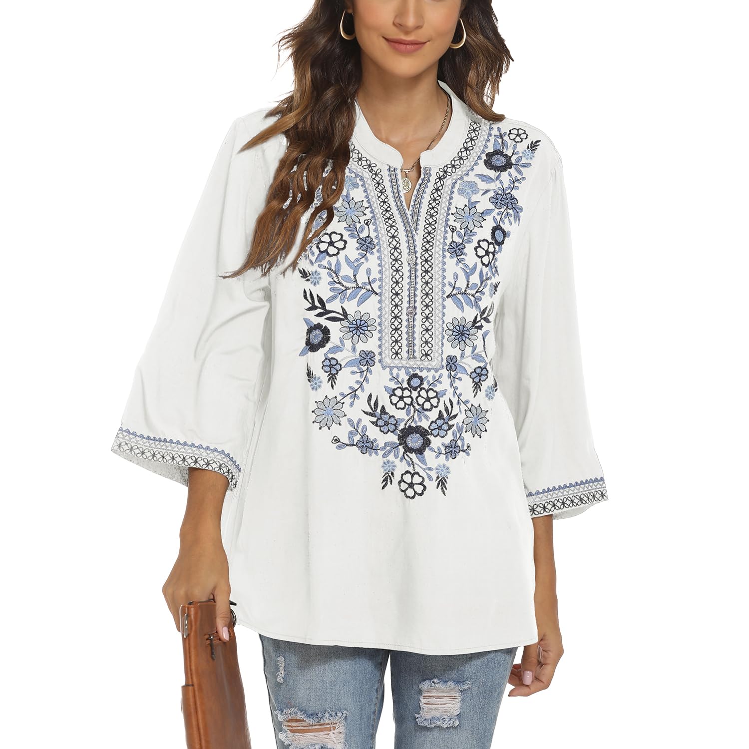 Mexique Femmes bohème brodé Chemise Folklore Fleurs Tunique Top bohème Chemise Manches 3/4 col V