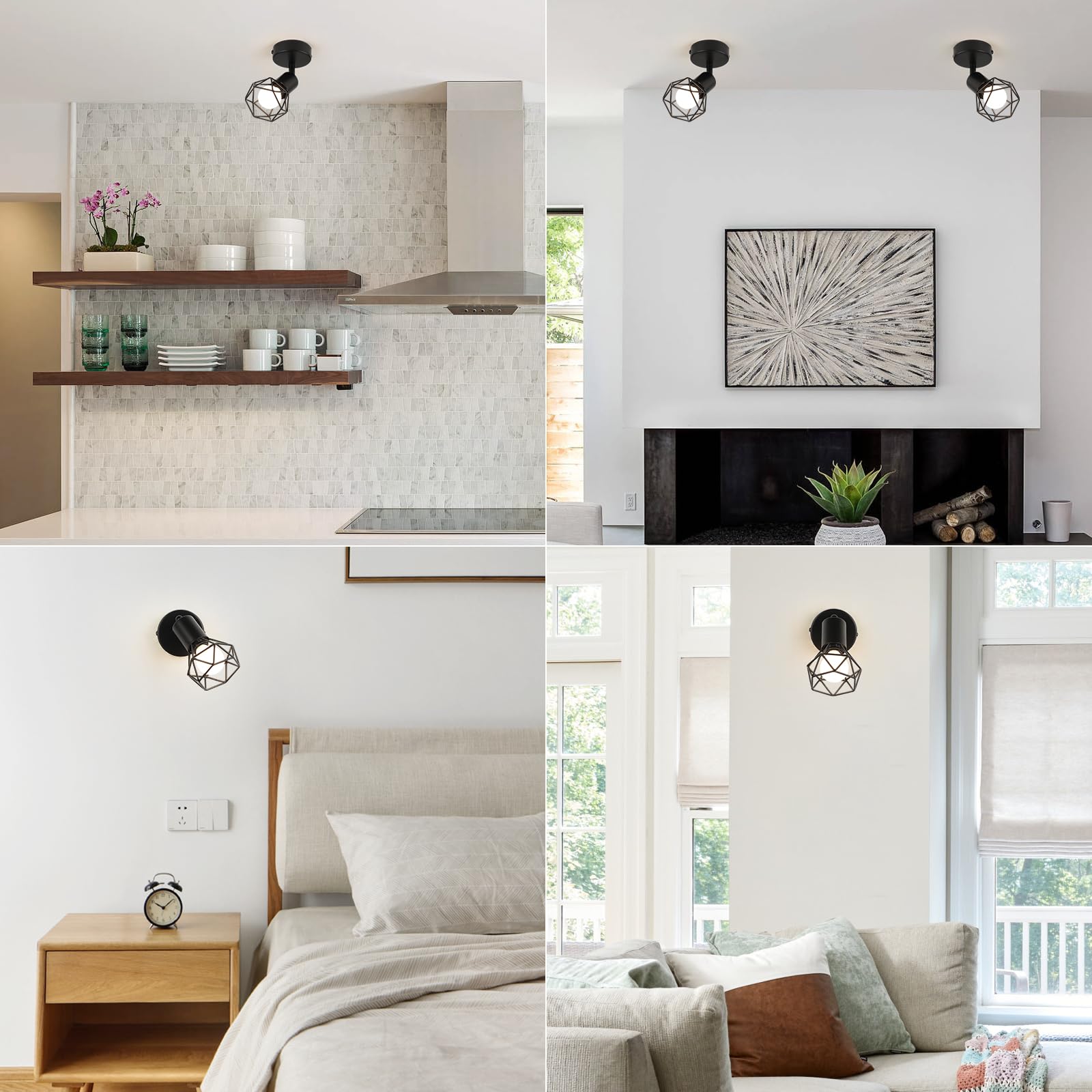 2 Stück Deckenstrahler Schwarz - Metall Vintage Wandlampe E14, Verstellbare Wandstrahler 1 Flammig, Wandleuchte Innen für Küche Schlafzimmer Wohnzimmer Flur Büro - Ohne Leuchtmittel