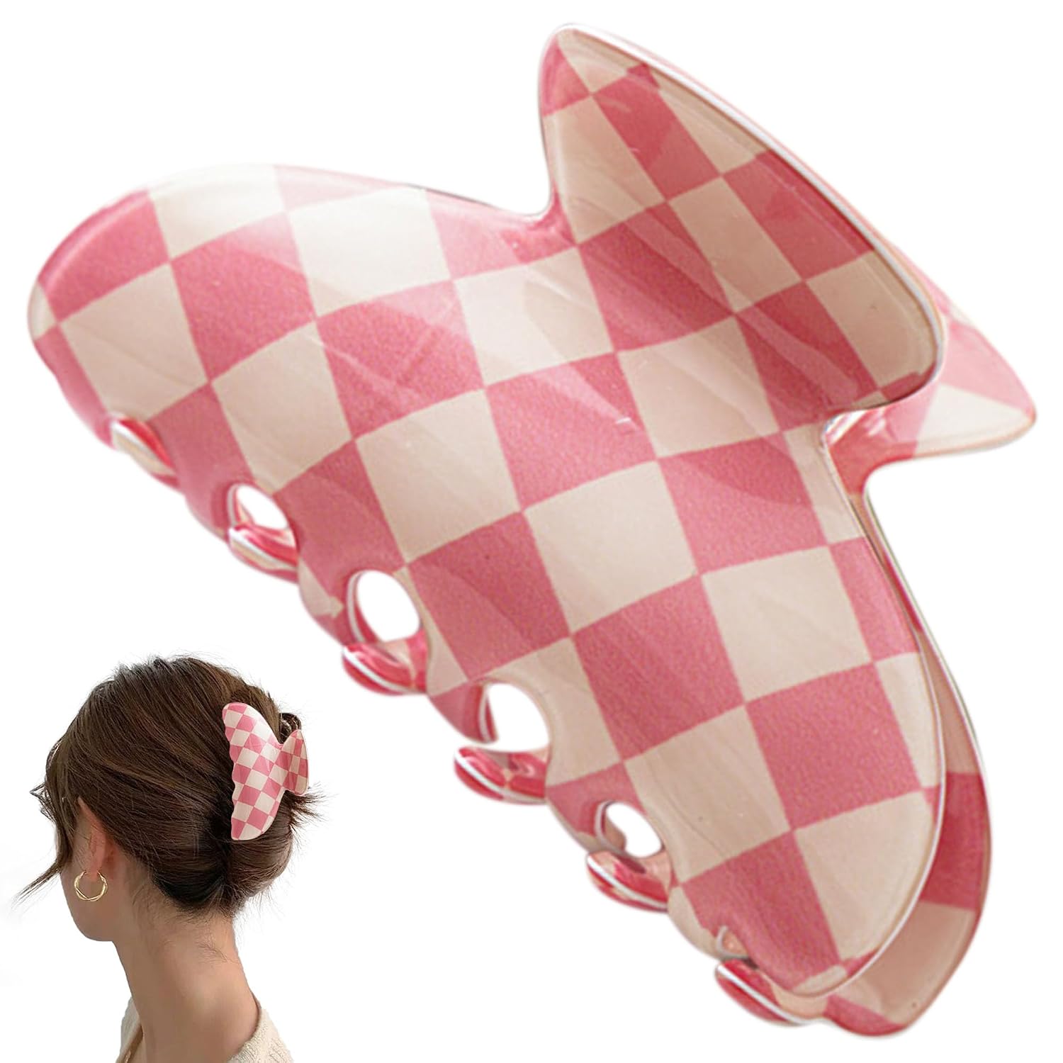 AEGYPIUS Checkered Claw Clip, 3.54 inches Pink Checkered Hair Clip Cute Pink Claw Clip for Thick Hair, Aesthetic D-Shaped Chunks Hair Clip Hair Accessories for Women