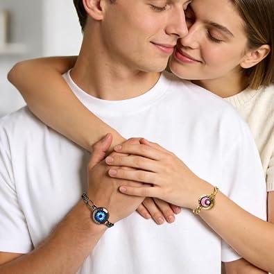 TOTWOO Long Distance Touch Bracelet for Couples Vibration Light Up Love Couple Bracelets Sun Moon Touch Bracelet with Figaro Chain Black+Gold Gift for Friends Bluetooth Pairing Jewelry