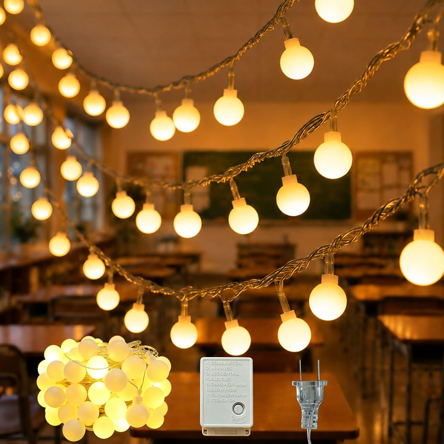 33Ft 100 LED String Lights for Classroom Back to School Decor | Connectable Warm White Globe Classroom Lights, 8 Modes Plug Hanging Fairy Lights for First Day of School Party Decor