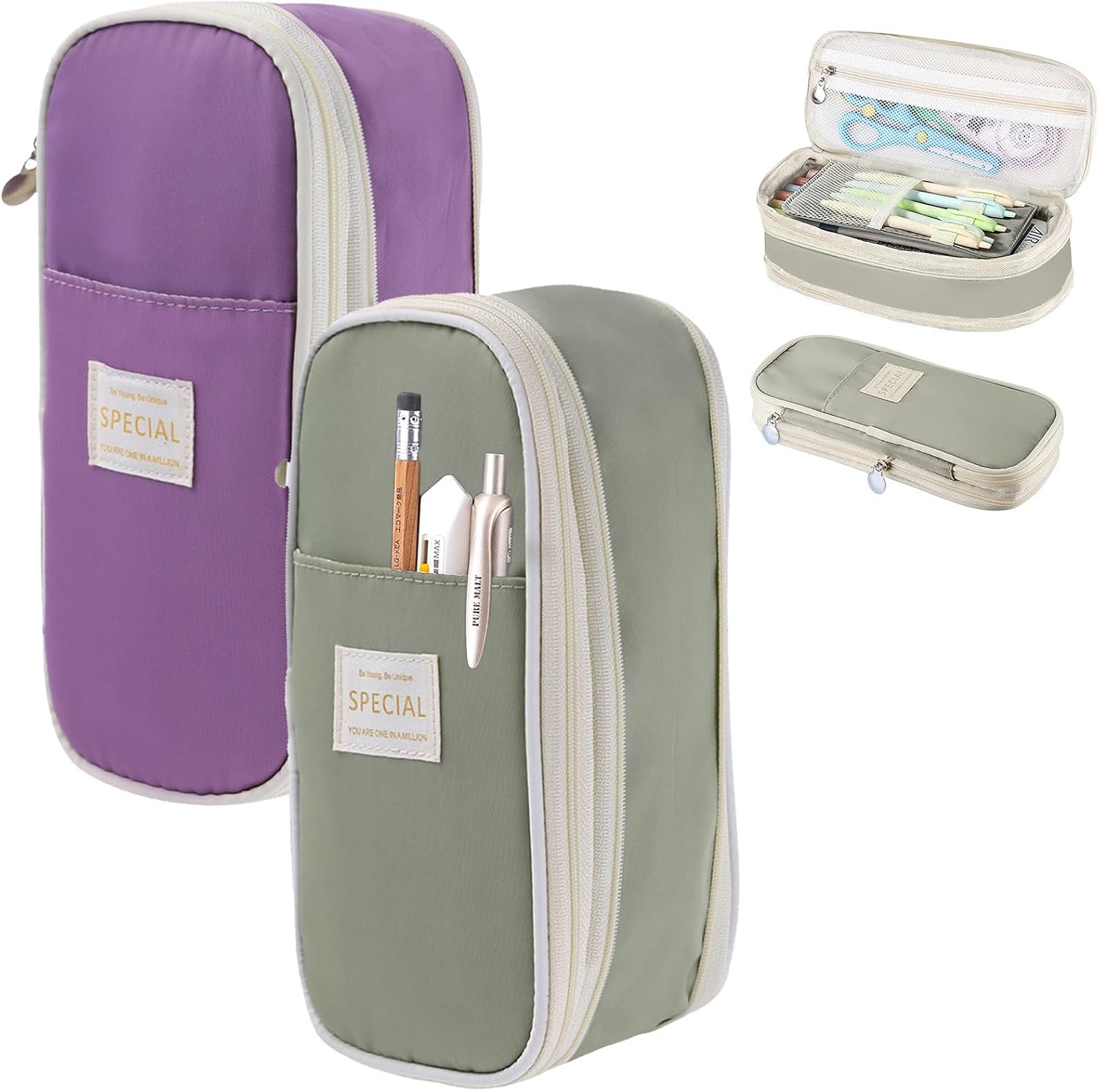 Large Pencil Case Pouch 2-Pack, Big Capacity Pencil Cases Pen Portable Office Stationery Makeup Bag Desk Organizer for College Adults Women Men (Pink+Purple)