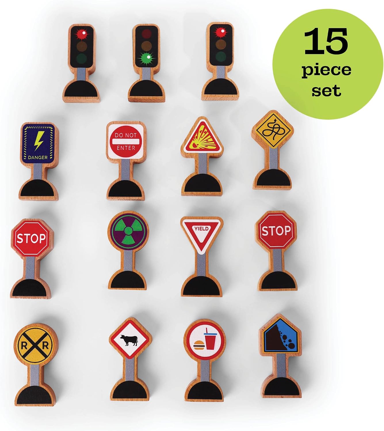 15 Pieces - Wooden Traffic Signs For Kids - Zany Street Signs for Play Mats, Toy Trains and Cars - Wooden Street Signs Road Signs - Educational Preschool Train Track Accessories - Zany Trains Series 2