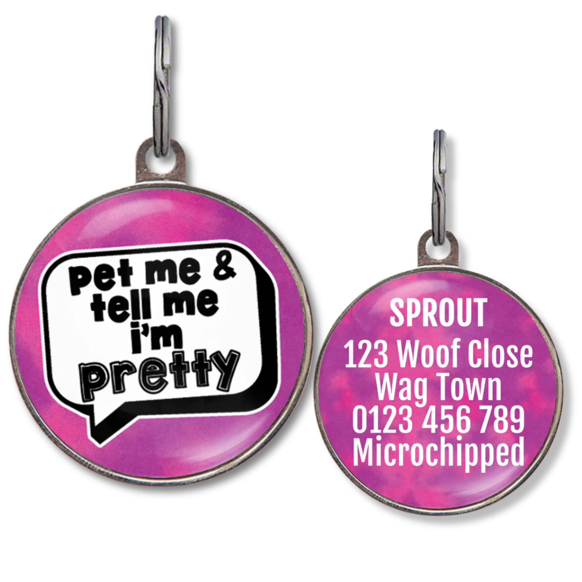 Dog Tags for Girl Dogs - Customised, Choose Your Design, 36 Colour Options, 2 Sizes for All Breeds - Waterproof, Double-Sided Pet ID Tag - Cute Sassy Dog Name Tag (Pet Me and Tell Me I’m Pretty)