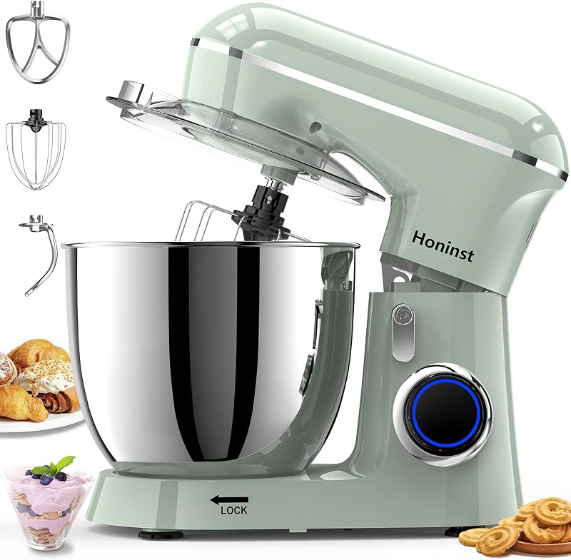 Batidora de pie Honinst, batidora de pie eléctrica con cabezal inclinable de 6.5 cuartos de galón, batidora de cocina 3 en 1 con tazón, gancho para masa, batidor y batidor, batidora de alimentos para hornear, pasteles y la mayoría de los cocineros caseros, verde