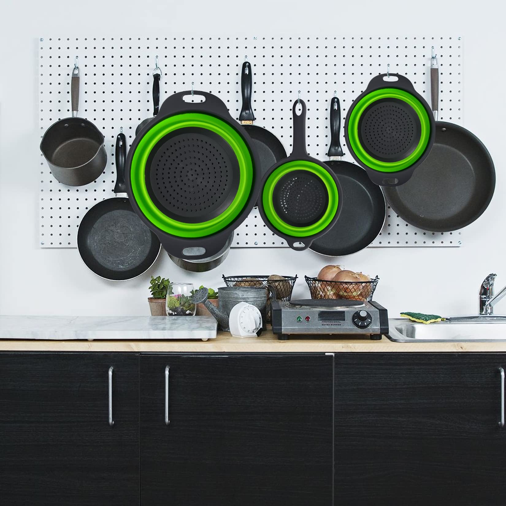 3 Piezas Coladores de Silicona Plegable, Cesta de Drenaje, Coladores de Alimentos, Coladores de Cocina Plegable con Asa para Escurrir Frutas y Verduras Pasta - Verde