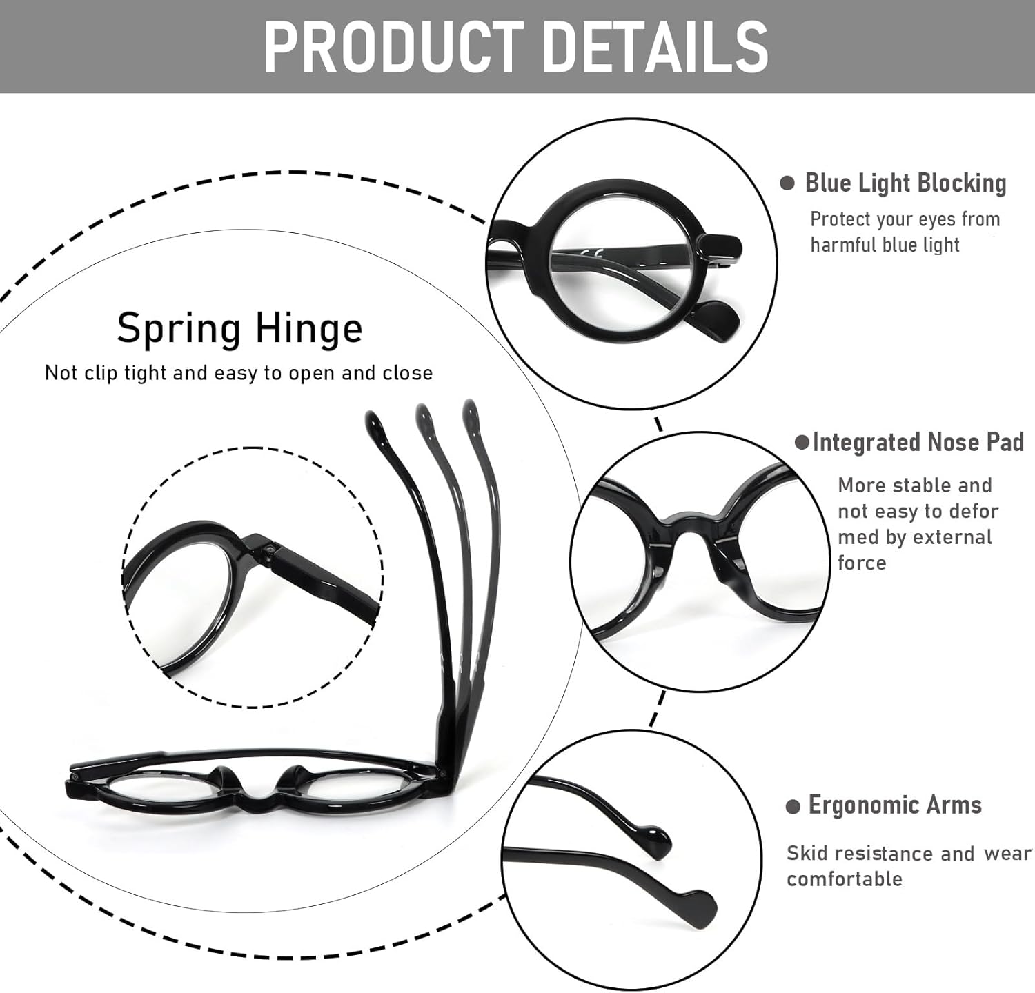 DXYXYO 3 Pack Round Reading Glasses for Women and Men, Stylish Spring Hinge Readers Blue Light Blocking - Image 4