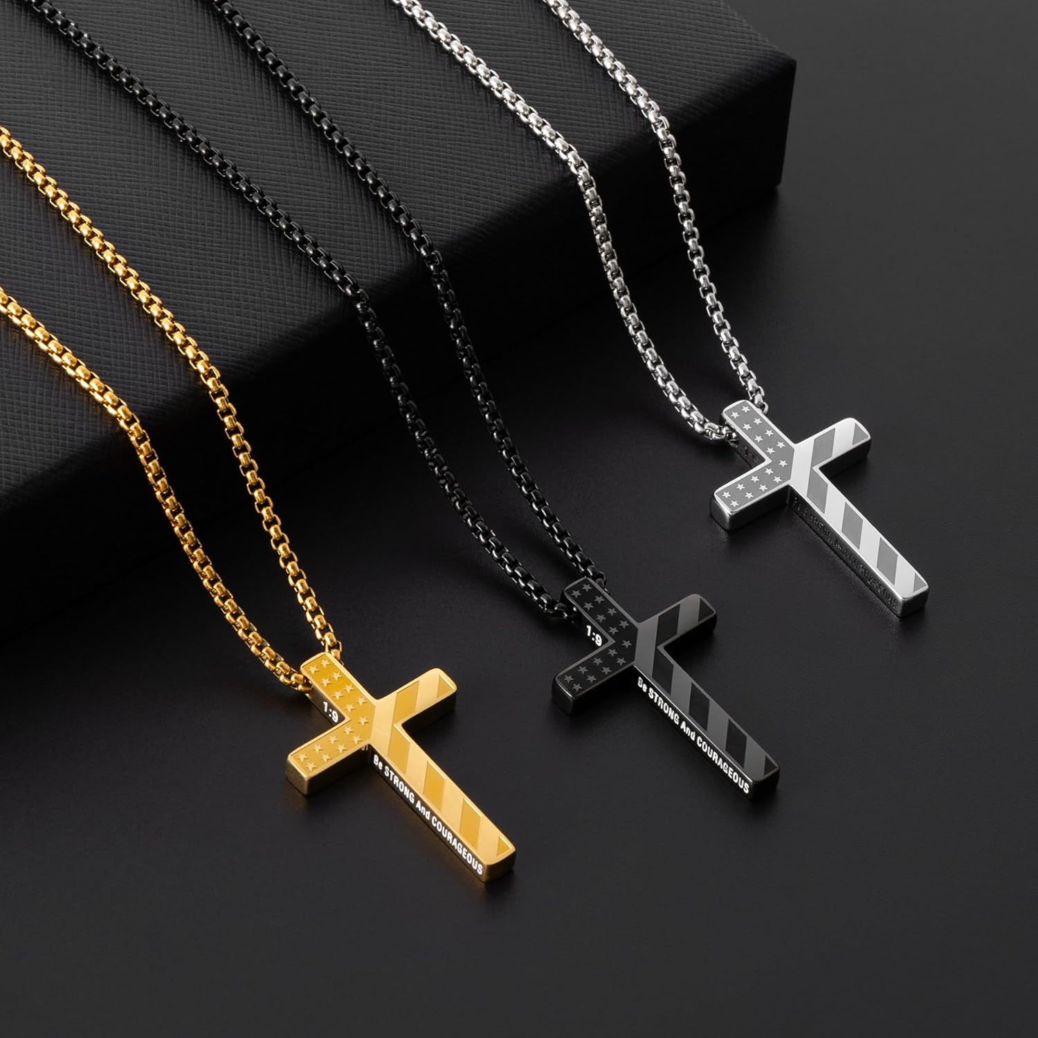 Romass Valentines Day Gifts for Him 2Pcs Cross Necklace for Men Boys,Silver Black Gold Bible Verse Stainless Steel American Flag Pendant Chain Gifts Jewelry Box - Image 5