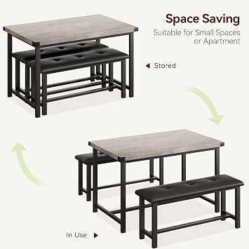 3 Piece Dining Table Set, Kitchen Table and Benches for 4, Rectangular Dining Room Table Set with 2 Upholstered Benches, Dining Table Set for Small Space, Apartment, Retro Gray