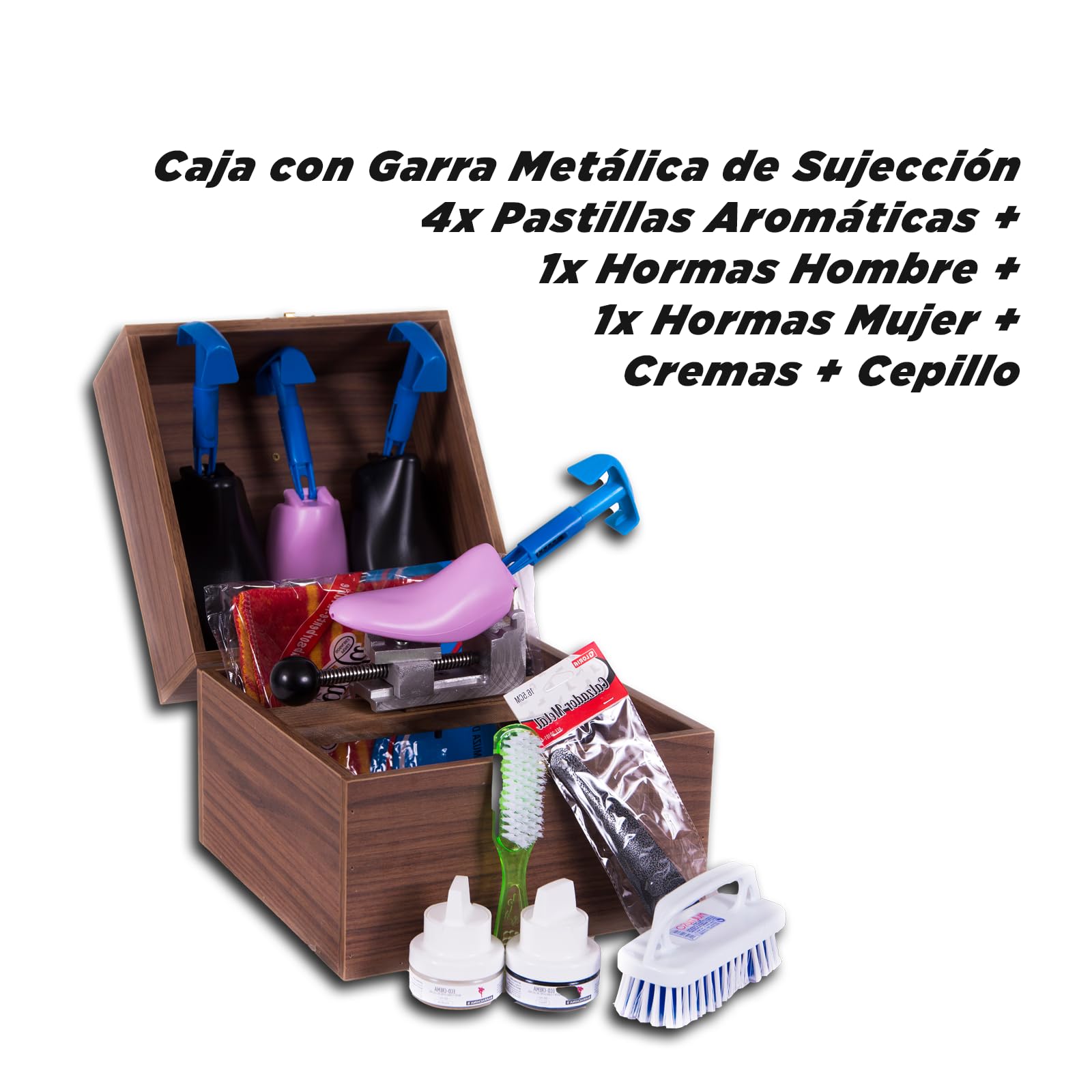 PREMIUM BOX, Limpieza de Zapatillas, Limpia Zapatos, Kit Limpieza Zapatillas, Incluye Garra Metálica de Sujección 360° Hormas Hombre Hormas Mujer Pastillas Cepillo Bayeta Cremas