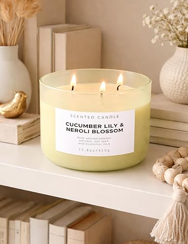 Miniatura 8 de Vela perfumada de soja de 3 mechas de lirio de pepino y neroli, 15.8 onzas, vela de aromaterapia fresca de spa, vela perfumada grande para el hogar,