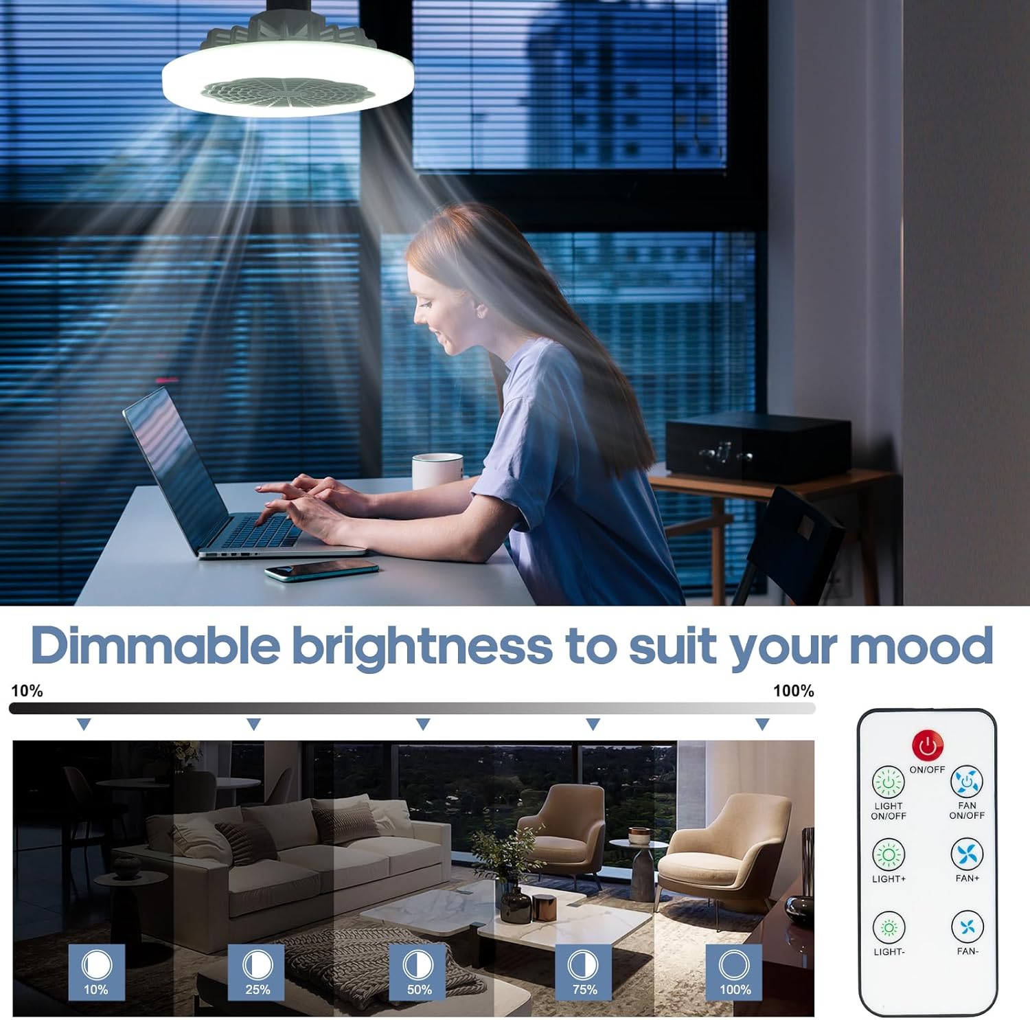 DGO Socket Fan Light with Remote, Enclosed Screw in Bladeless Mini Ceiling Fan 8.86 in Dimmable for Kitchen Bedroom Washroom Laundry Room Small Spaces Circulating Air (White)