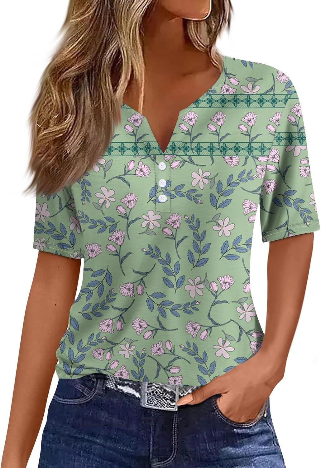 Ladies Tops, Short Sleeve Button V Neck T Shirts Spring Summer Casual Blouse Loose Floral Print Tee Tops, S-3XL