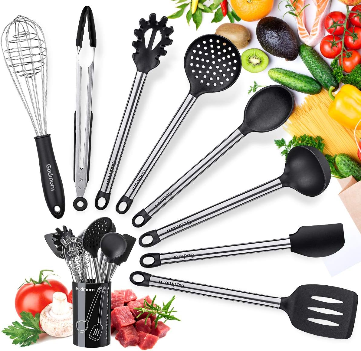 Godmorn Silicone Kitchen Utensil Sets 9 Pcs Stainless Steel Cooking Utensil Set with Plastic Holder, Heat Resistant and Nonstick Cooking Gadgets Tool Black