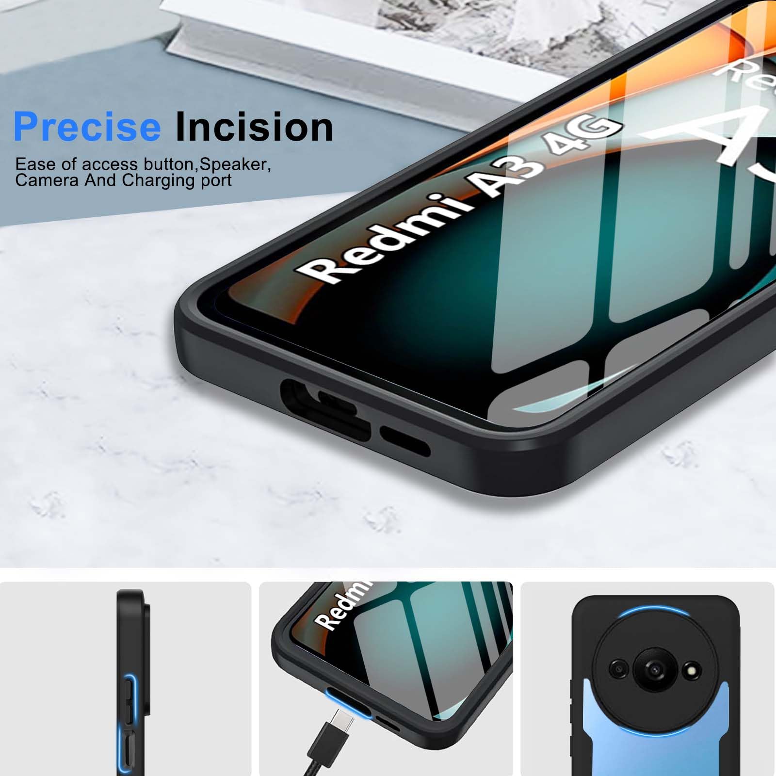 LeYi Cover per Redmi A3 4G con Vetro Temperato, Custodia con Protezione Fotocamera [Slidable] Antiurto con Anello Supporto TPU Bumper Antiurto Case per Redmi A 3, Nero