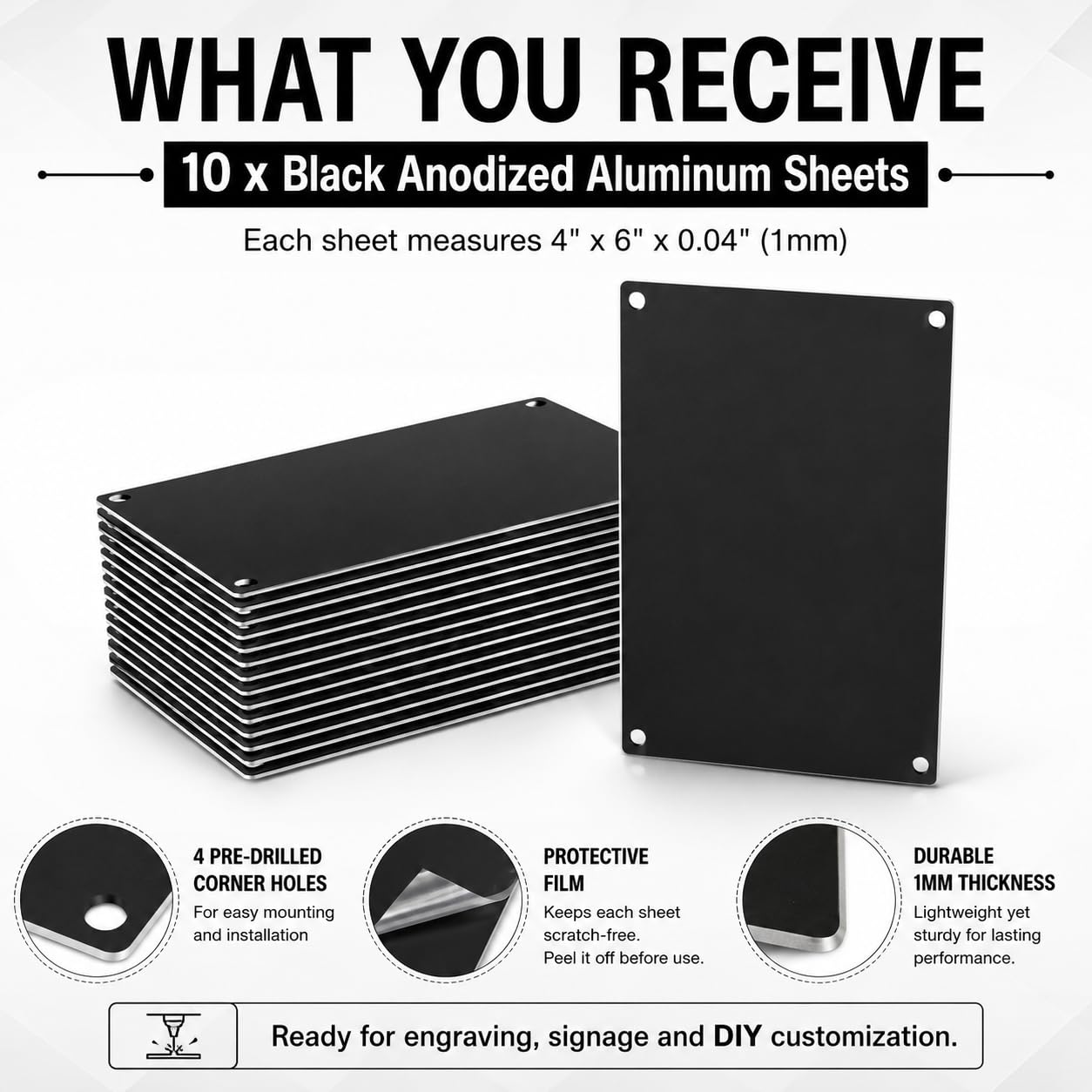 10 Pack 5052 Black Aluminum Sheets 4" x 6" x 1mm