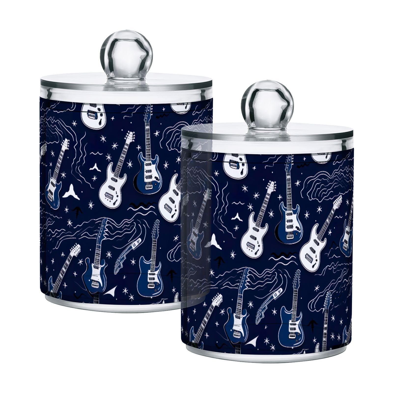 CHIFIGNO Guitars and Lightning Bolts Blue Clear Plastic Jars 2 Pack Clear Plastic Apothecary Jars Bathroom Canister for Cotton Ball, Cotton Swab,