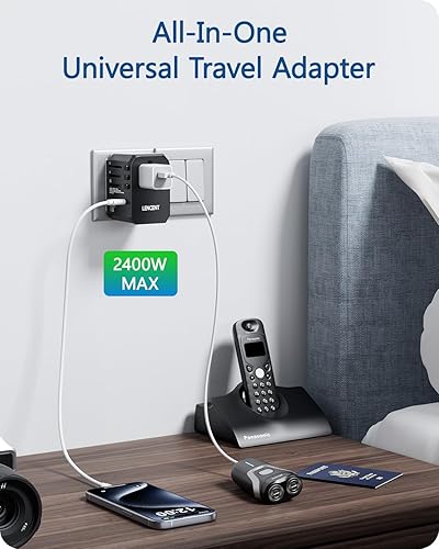 Miniatura 7 de LENCENT Adaptador de viaje universal, cargador de pared GaN III de 65 W en todo el mundo con 1 puertos USB y 2 adaptadores de carga rápida USB-C PD
