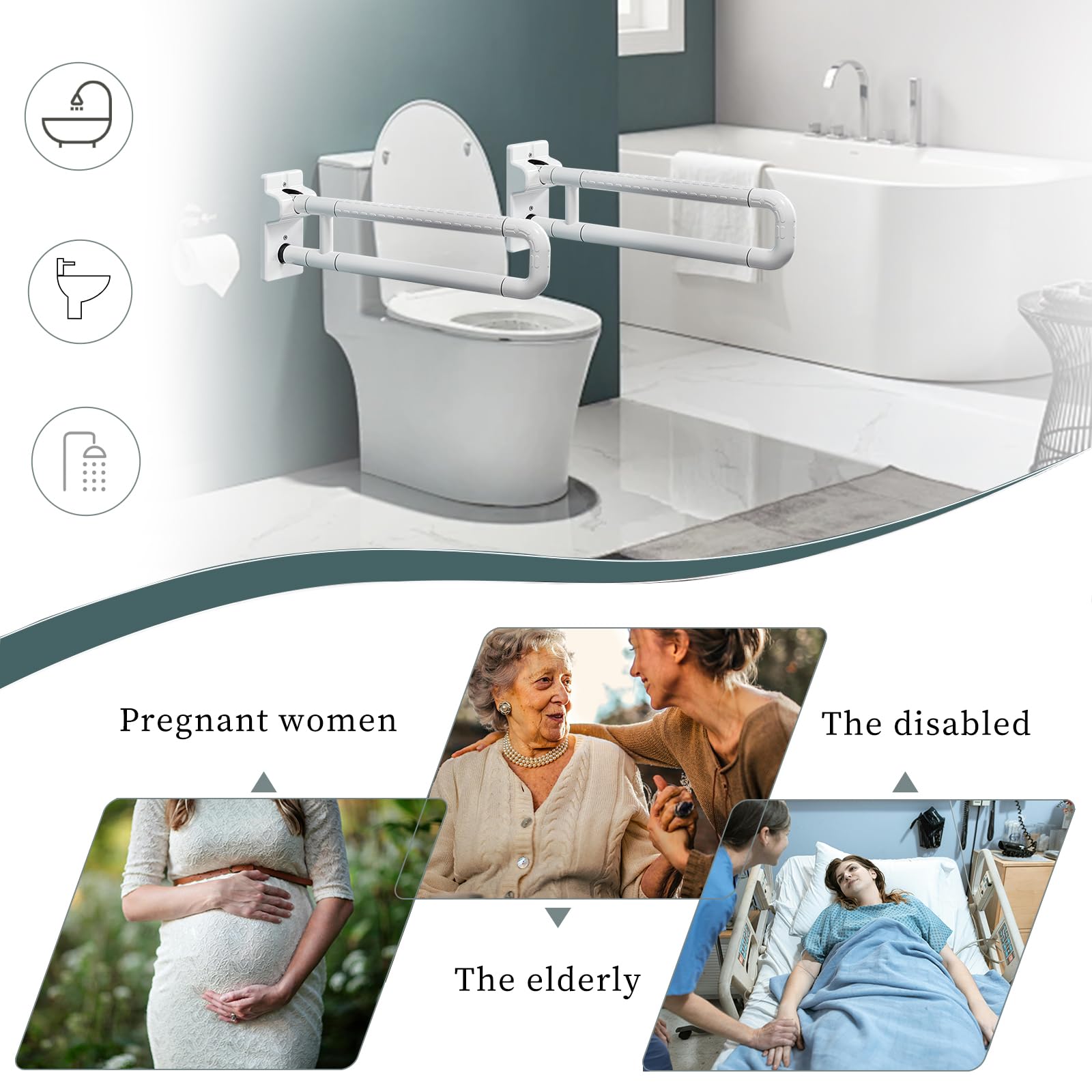 Barras de tumba de handicap mejoradas para baño 70cm(x2 uds),Barra de Apoyo para Inodoro Agarrador Ducha Personas Mayores Abatible Asa de Seguridad para Baño brilla por la noche,Acero Inoxidable
