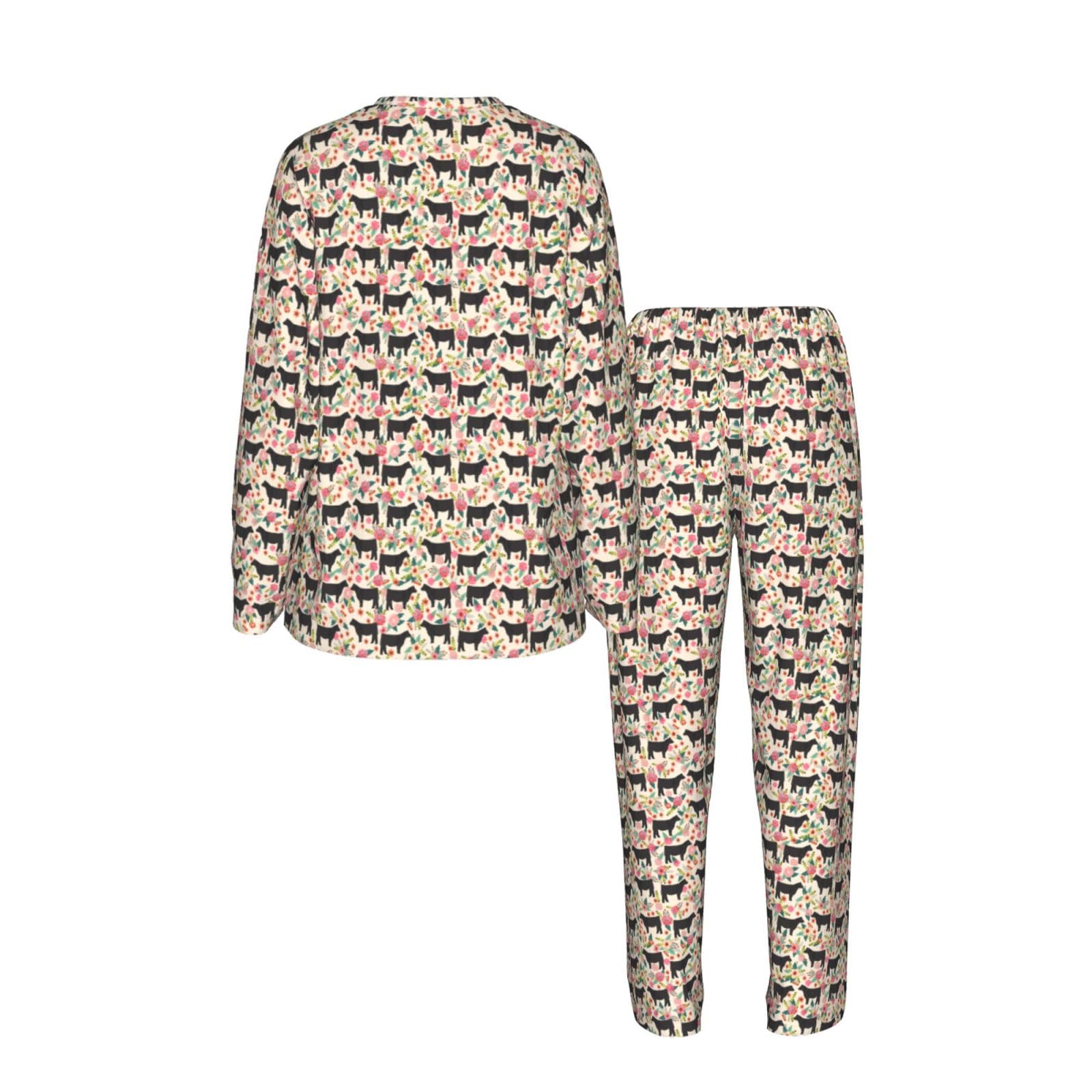 Red Flower Show Steer Cows Bestiame Stampa Delle Donne Manica Lunga Pigiama Corrispondente Morbido Elastico Coulisse Casual Daywear