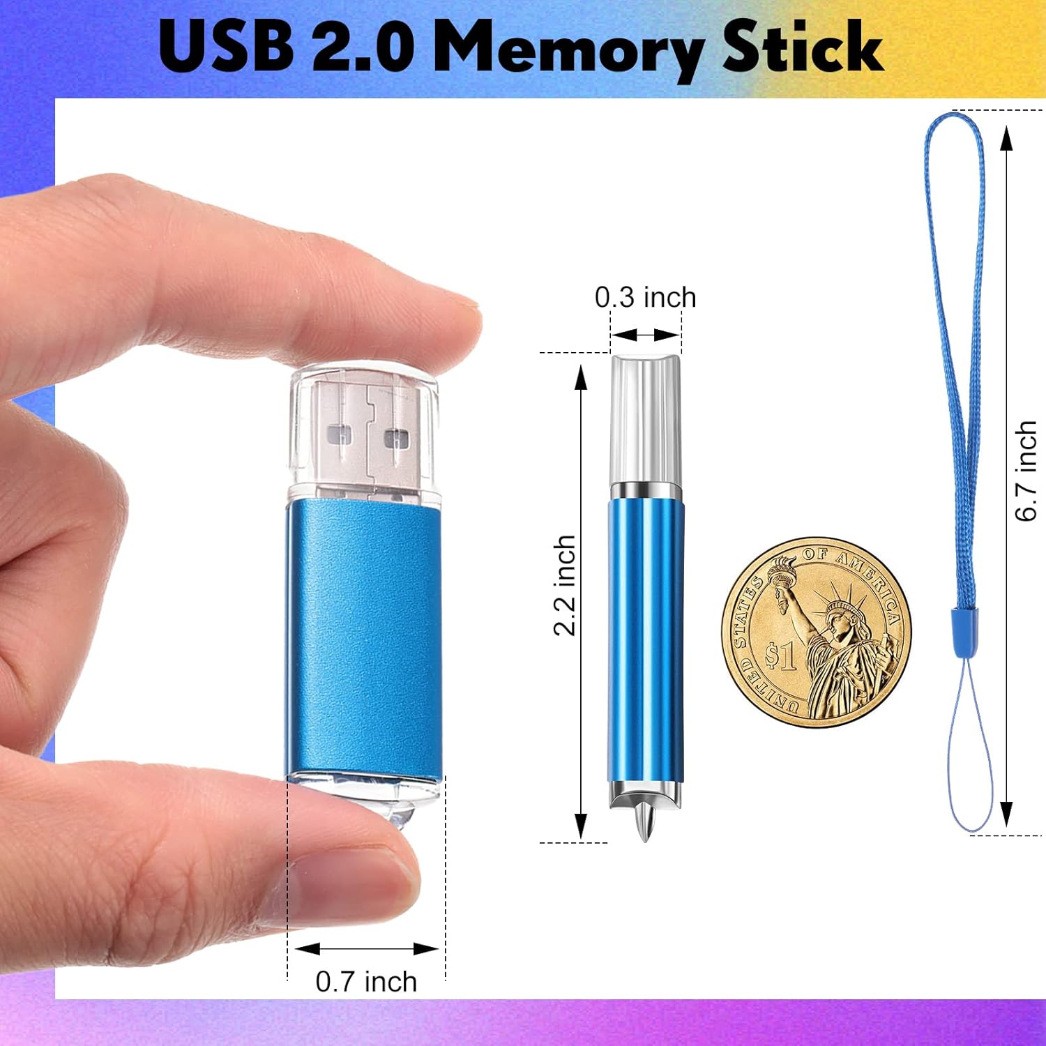 Hoteam 50 Pack 128MB USB 2.0 Flash Drives Bulk with Lanyards Thumb Drive Lid Design USB Stick with LED Indicator Memory Pendrive for Data Storage Backup, 10 Colors