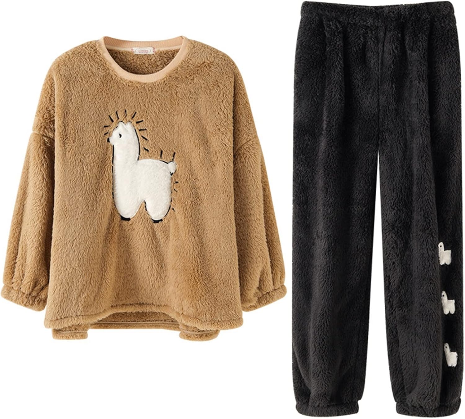 パジャマ ルームウェア レディース 秋冬 モコモコ フランネル 厚手 防寒 あったか 上下セット 長袖 長ズボン 裏起毛 寝やすい 丸首 お泊り 高価値 可愛い スウェット トラベル 家着 大きいサイズ 2点セット 気持ち良い アルパカ柄 カジュアル