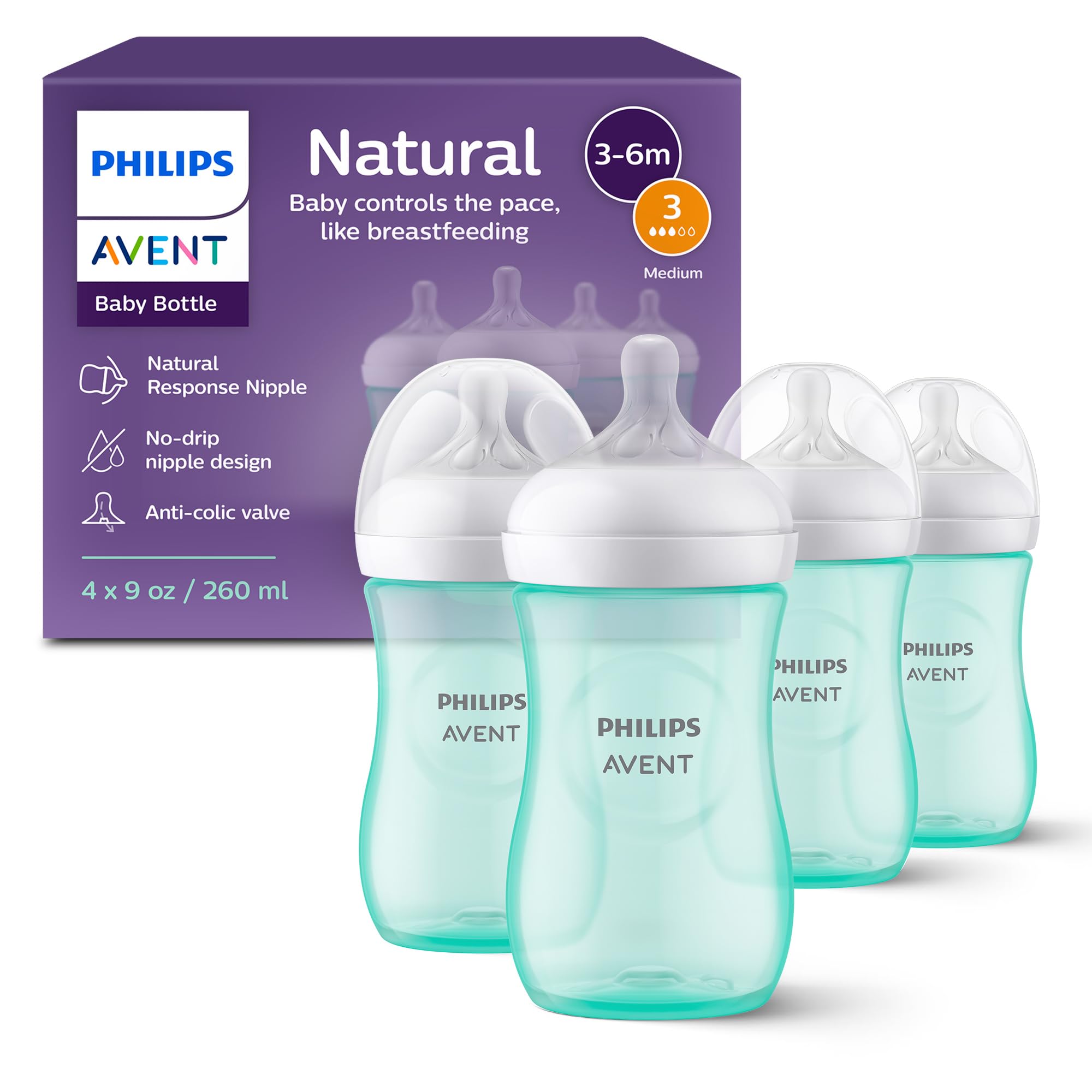 PHILIPS AVENT Natural Baby Bottle with Natural Response, Teal, 9oz, 4pk, SCY903/44, 9 Ounce Teal 260 ml (Pack of 4) 4 Pack