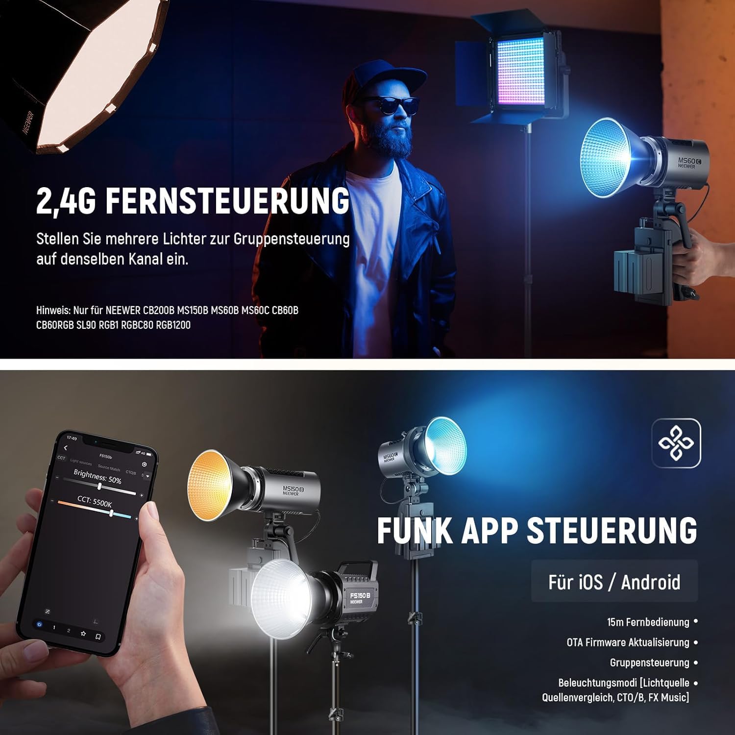 NEEWER MS60C RGBWW LED Videoleuchte Studiolicht 2,4G/APP Steuerung, 65W Ganzmetall Mini Kompakt RGB COB Studio Dauerlicht 2700K-6500K/8300lux@1m/CRI 97+/TLCI 98+/17 Effekte + RGBCW Bowens Halterung