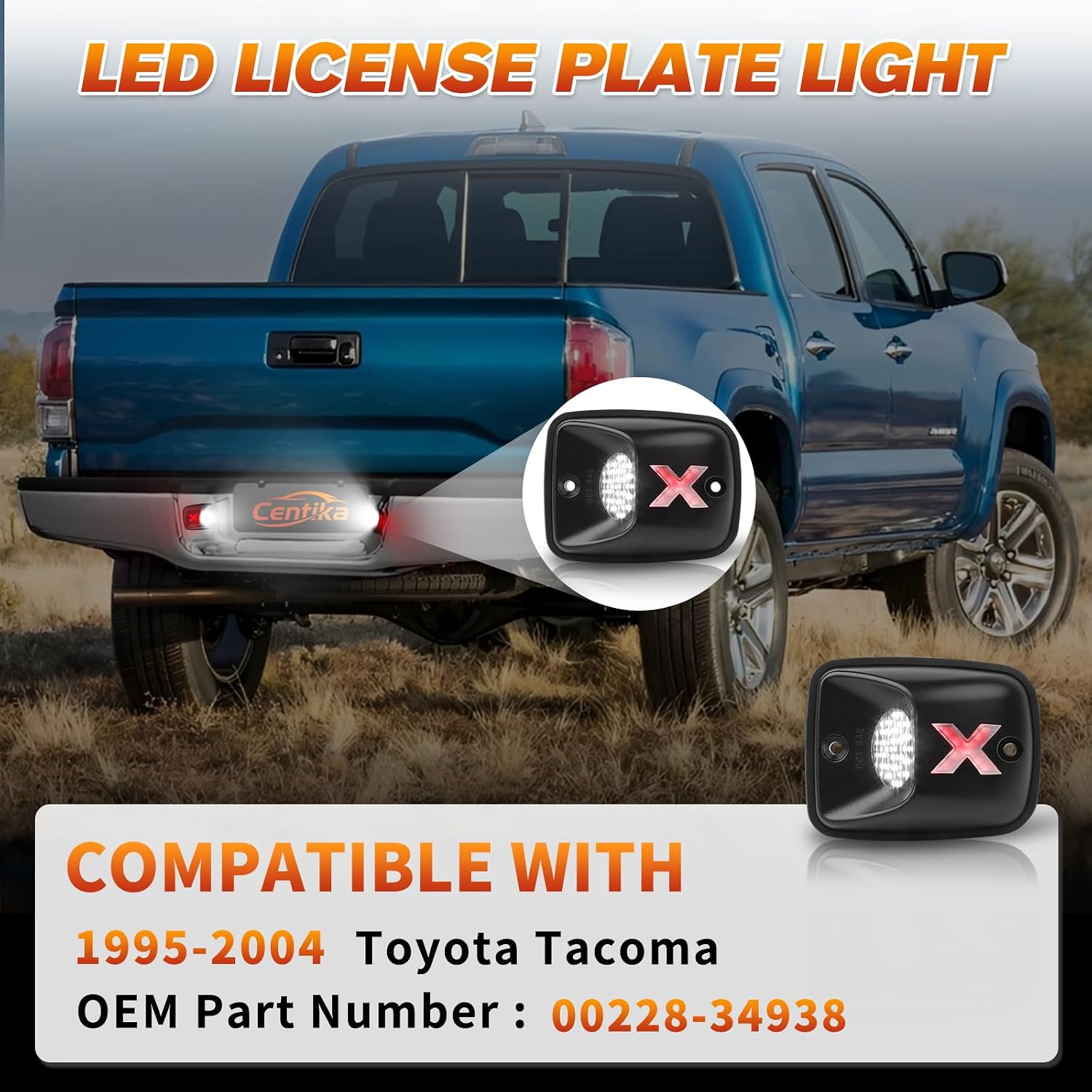 LED License Plate Lights Tag Light Lamp Assembly for Toyota Tacoma 1995-2004, 6000K Red-X White & Silvery Lens, Pack of 2 (Xstyle Patent Pending)