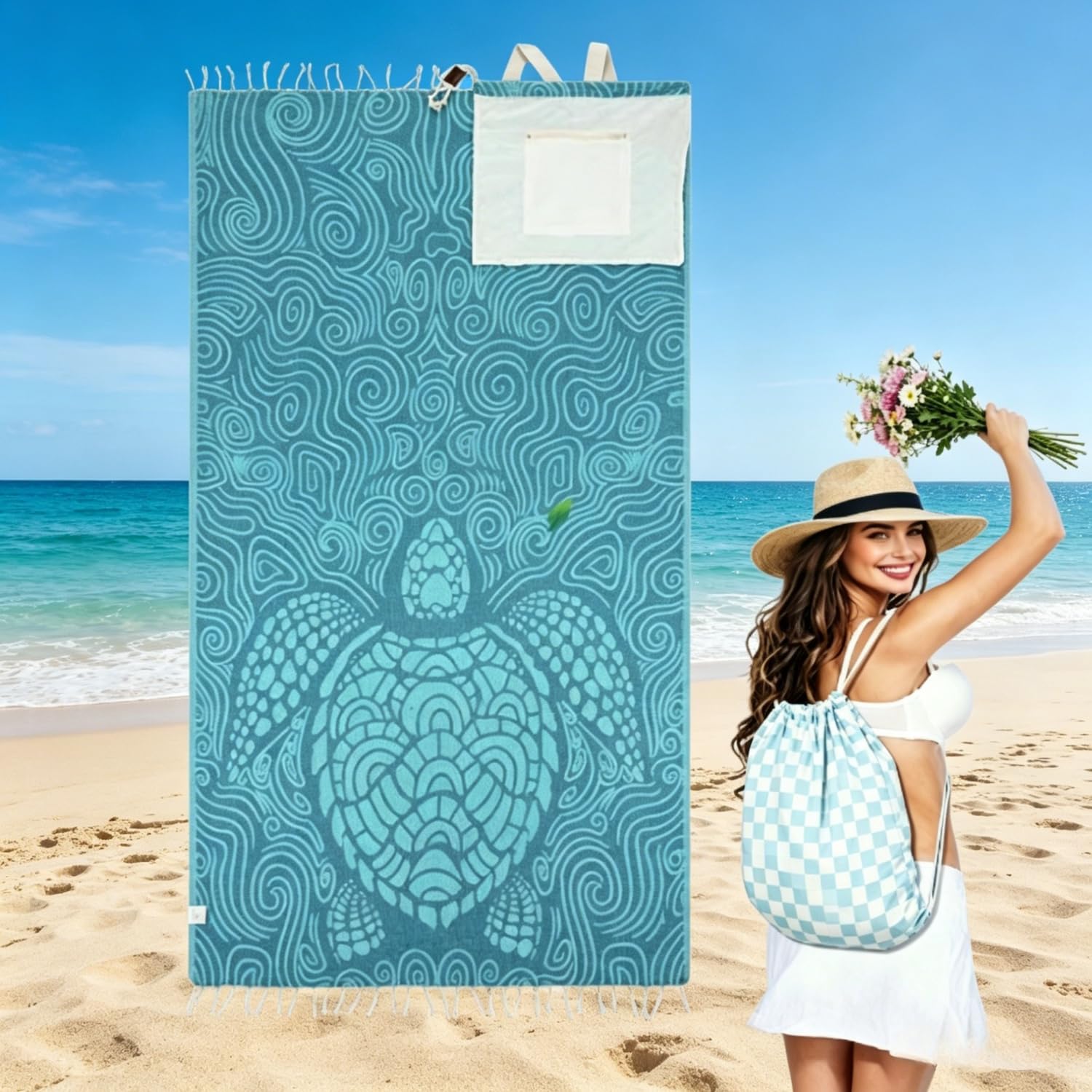 2 in 1 beach towel bag, 2-in-1 Convertible Towel & Backpack with Inner Zip Pocket & Sand-Repelling Fabric - Oversized Microfiber Wearable Beach Bag (#F)