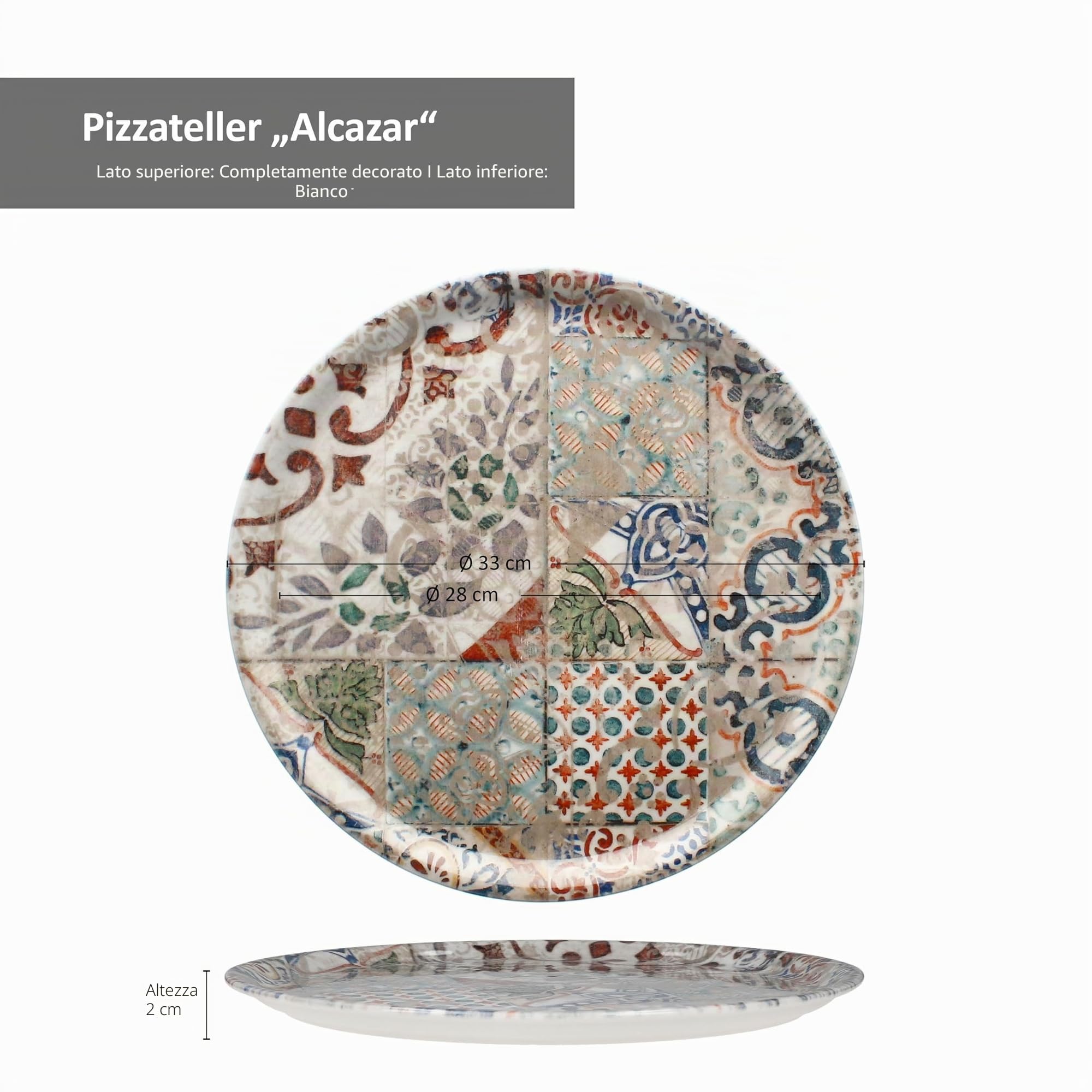 MamboCat Set di 4 piatti per pizza Alcazar I Ø 33 cm I per 4 persone I grandi piatti per pizza in porcellana con effetto piastrelle mediterraneo, per pizze o per mettere i piatti piani XL